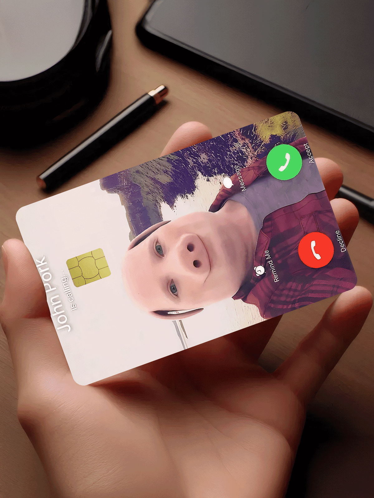 1/2/4/5/10pcs "John Pork" Phone Call Credit Card Decorative Stickers, Funny Call Interface PVC Card Creative Personalized Ultra-Thin Wear-Resistant Protective Cover, Unisex, Suitable For Small Chip Ca