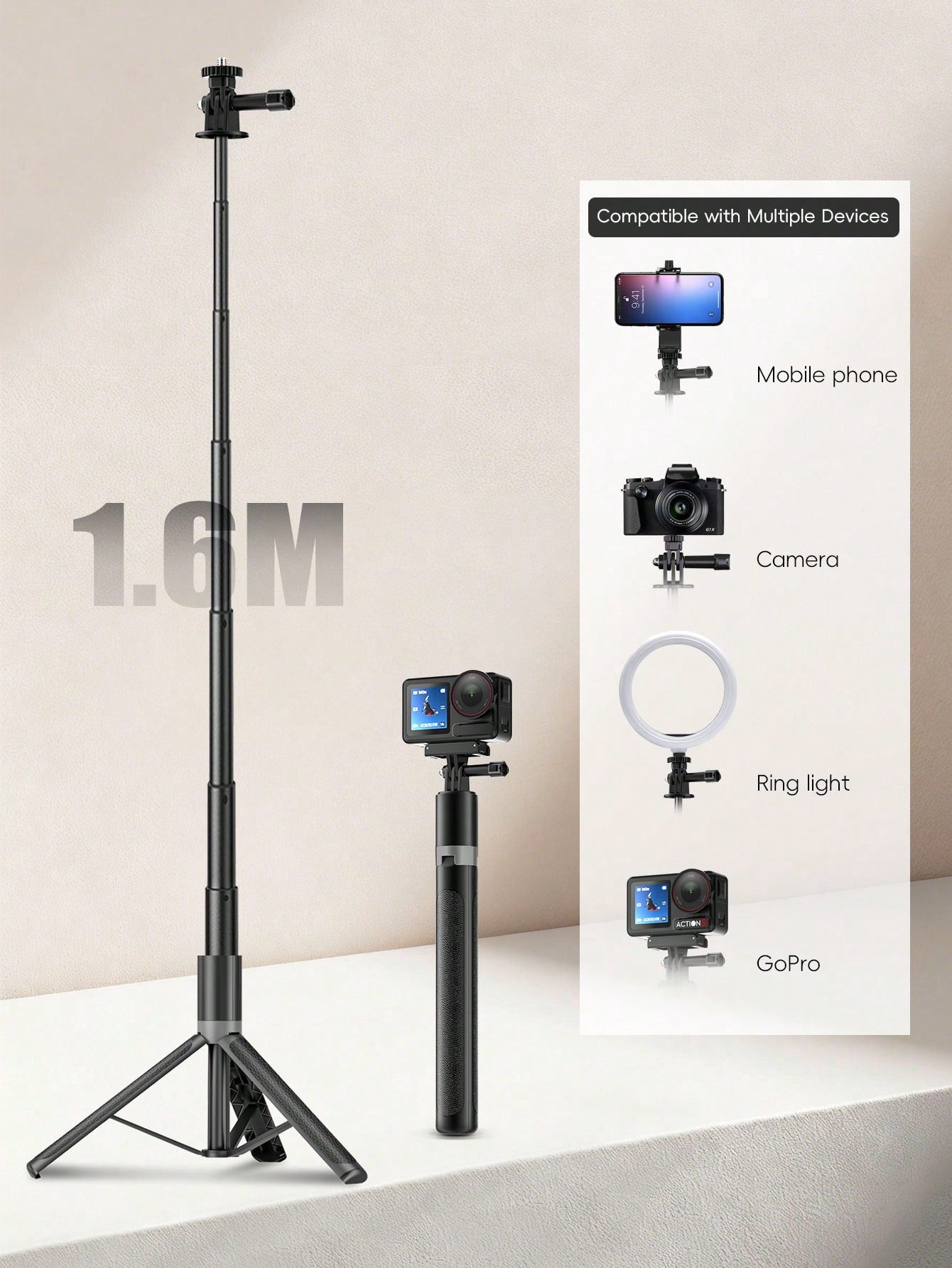 1.6m/63in Extendable Camera Tripod Selfie Stick, Aluminum Alloy Monopod Stand Suitable For Phone, DSLR Camera And Ring Light