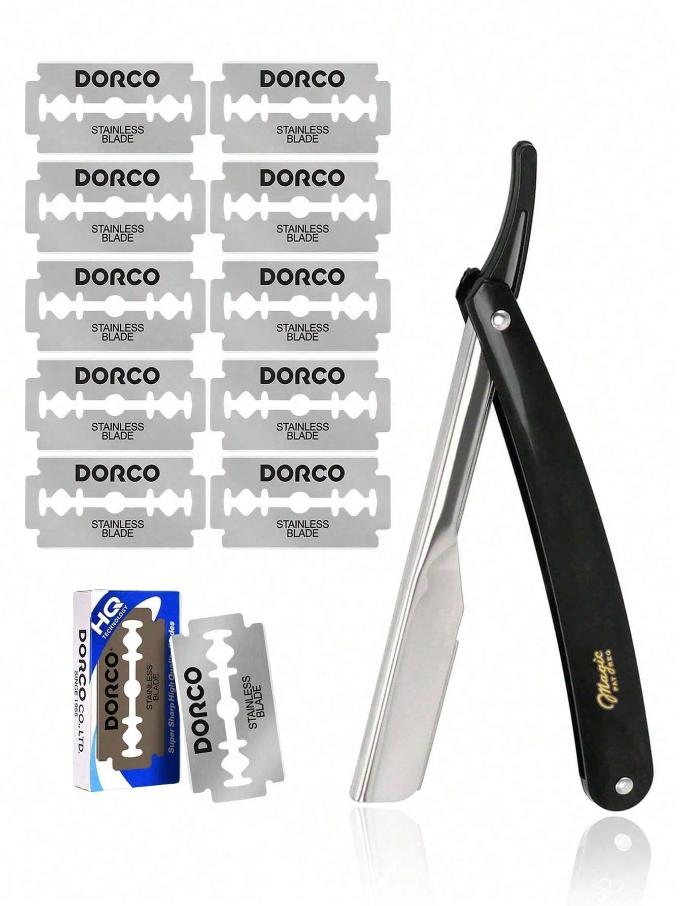 1 Black Scraper+10 Blades;Unisex Folding Travel Straight Edge Razor Set With Ultra-Thin Stainless Steel Double-Sided Blades, Suitable For Home And Salon Beauty Use
