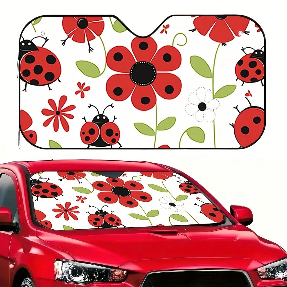 1-Piece Red Ladybug Pattern Car Sunshade, Stylish Printed Design, Keeps The Car Interior Cool, Comes With 4 Suction Cups, Foldable And Easy To Install, Suitable For Sedans, SUVs, And Trucks, Unisex,Ca