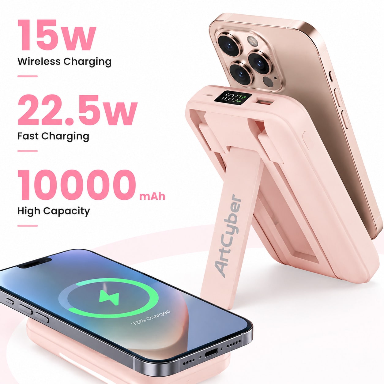 10000mAh Leisure Trip Magnetic Wireless Power Bank 15W Magnetic Charging 22.5W High-Speed Charging Foldable Phone Stand Built-In 2 Cables Digital Battery Display Multi-Device Charging Works With 12 1