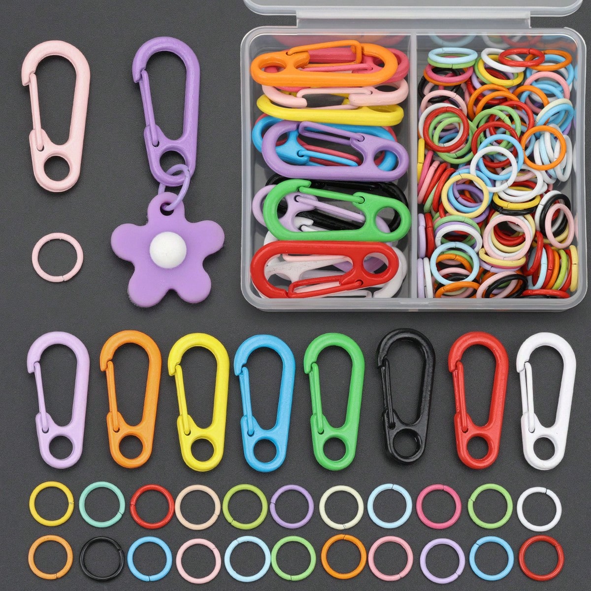 108pcs/Box Random Mixed Color DIY Keychain Making Parts Including 8pcs Spring Clasps And 100pcs Jump Rings, Zinc Alloy Hook Connectors Suitable For Handmade Braiding DIY Keychains, Bag Charms, Open Co