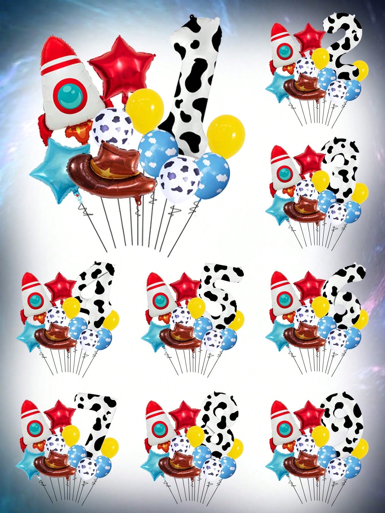 11pcs 40 Inch Number Balloon Set, Rocket Hat Foil Balloon, Star Balloon, Cow Print White Cloud Yellow Latex Balloon, Large 0-9 Cow Print Number Balloon, Suitable For Birthday Party, Western Cowboy The