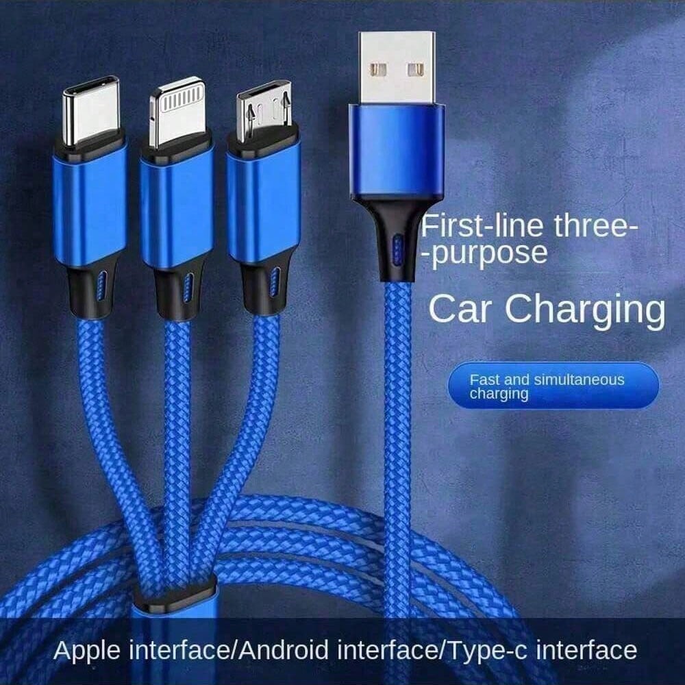 1pc 3-In-1 Braided Charging Cable, Fast Charging Car Charger Adapter Compatible With IPhone 17 Pro Max/17 Pro/17 Plus/17/16/15/14/13/12/11/XS/XR/8/7/6, S25/S24/S23/S22/S21 Ultra Plus