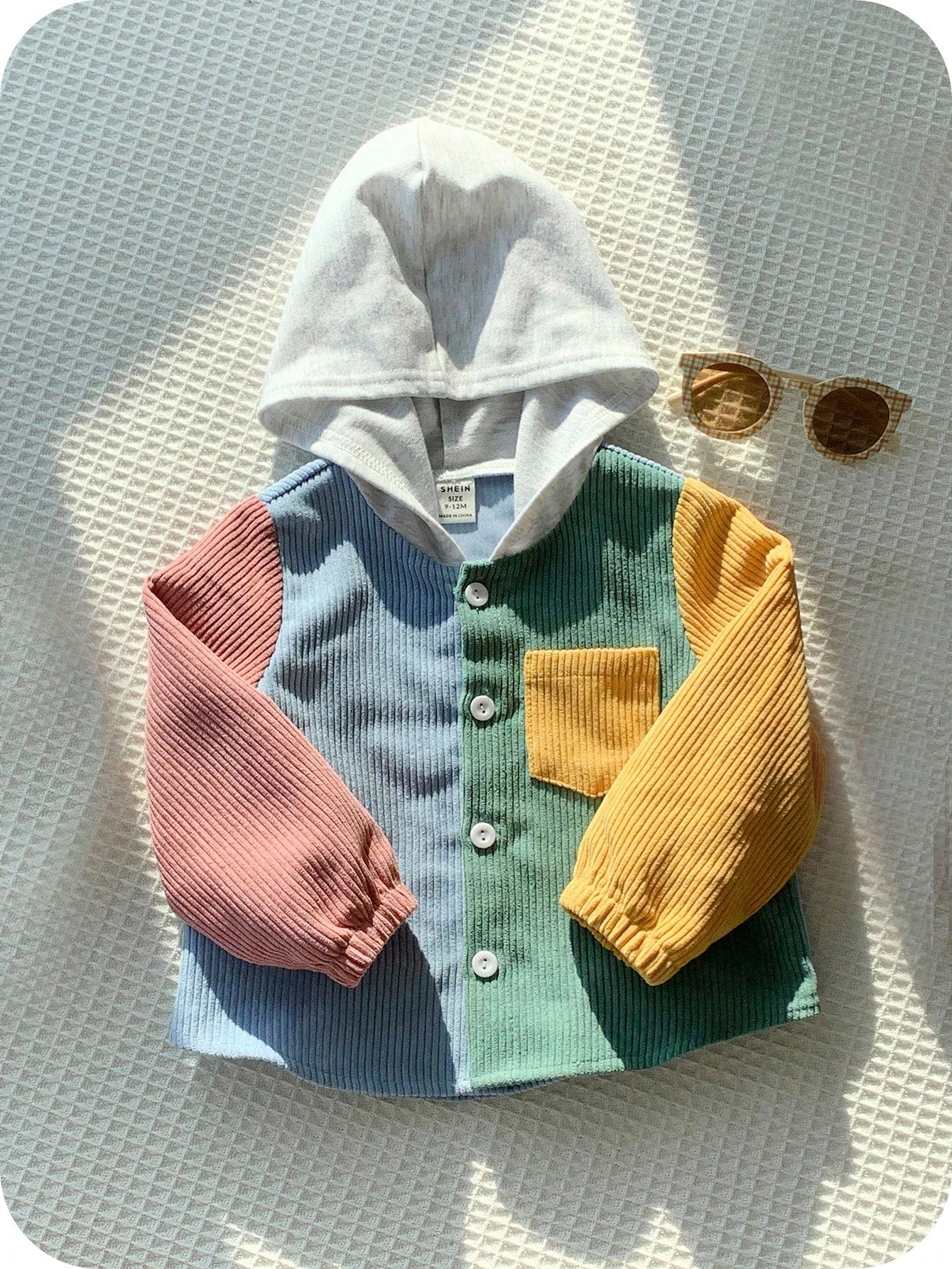 1pc Baby Boy Casual Corduroy Patchwork Hooded Shacket,Suitable For Autumn/Winter/Summer Hoodie Jacket Cardigan Sweater Spring Fall
