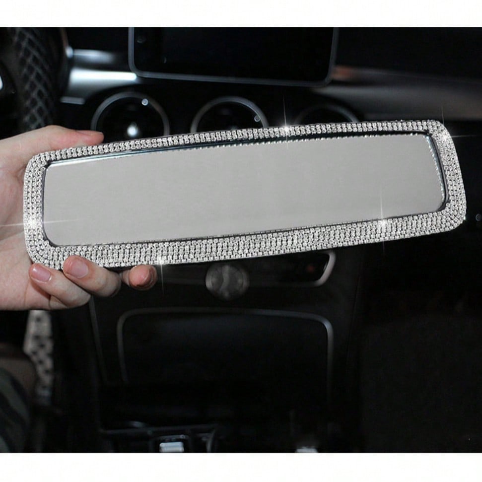 1pc Eye-Catching Car Rearview Mirror Decor Cover, Creative Personalized Cute Rhinestone Car Interior Decoration, Artificial Diamond Reverse Mirror Ornament, Universal Fit For Most Car Models, Gift For