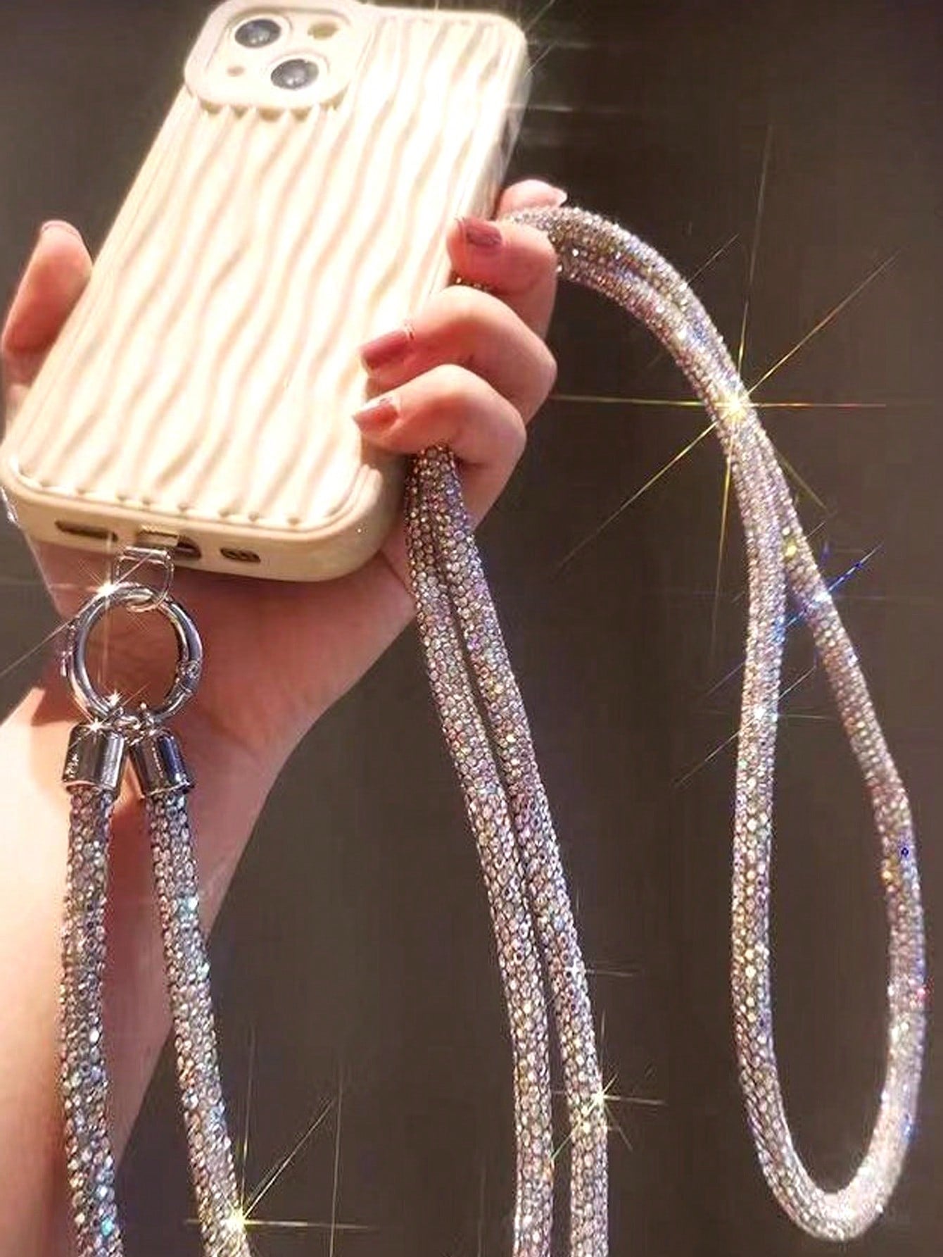 1pc Long Full Rhinestone Double-Buckle Phone Lanyard Necklace For Women, Ins Minimalist Stylish Anti-Lost Anti-Drop Phone Strap With Random Pad Accessory Gifts For Mother, Family, Friends, Birthday, H