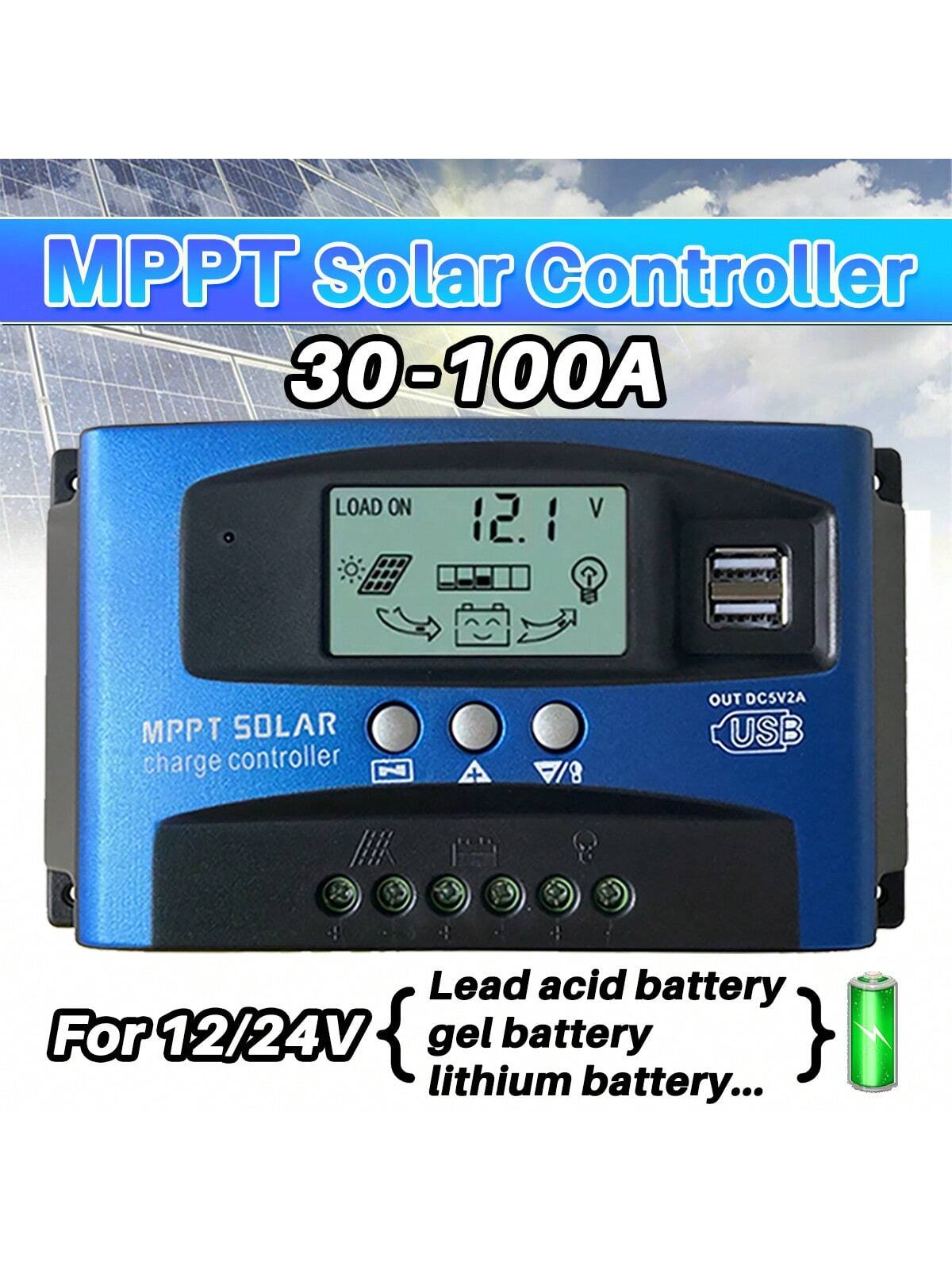 1pc MPPT Solar Charge Controller 100A 60A 30A, 12V/ 24V Solar Panel Intelligent Regulator With Adjustable LCD Display Dual USB Port Timer Setting Auto Parameter