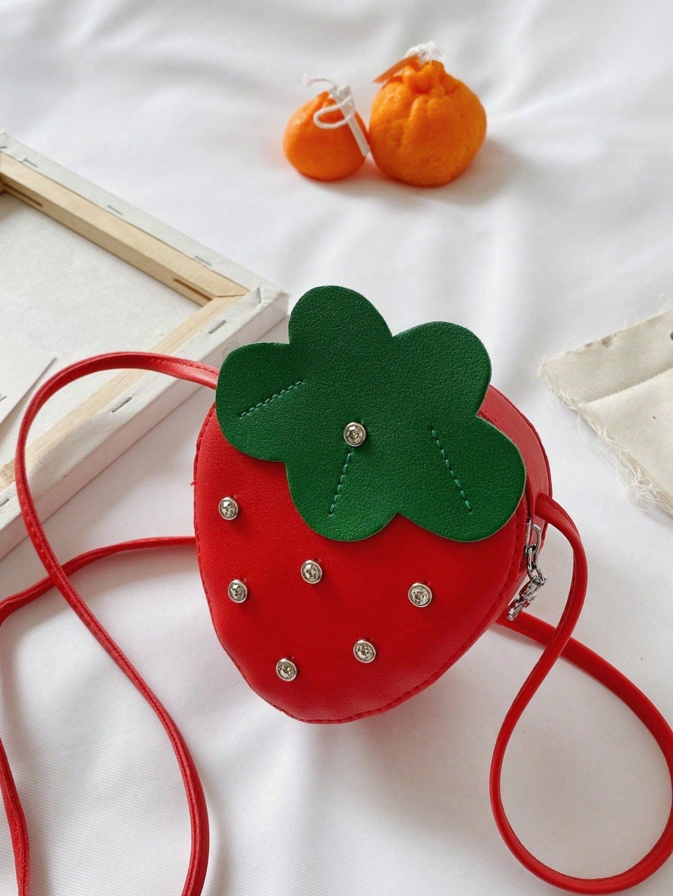 1pc PU Leather Zipper Closure Cute Fashion Rhinestone Strawberry Mini Crossbody Bag For Daily Use