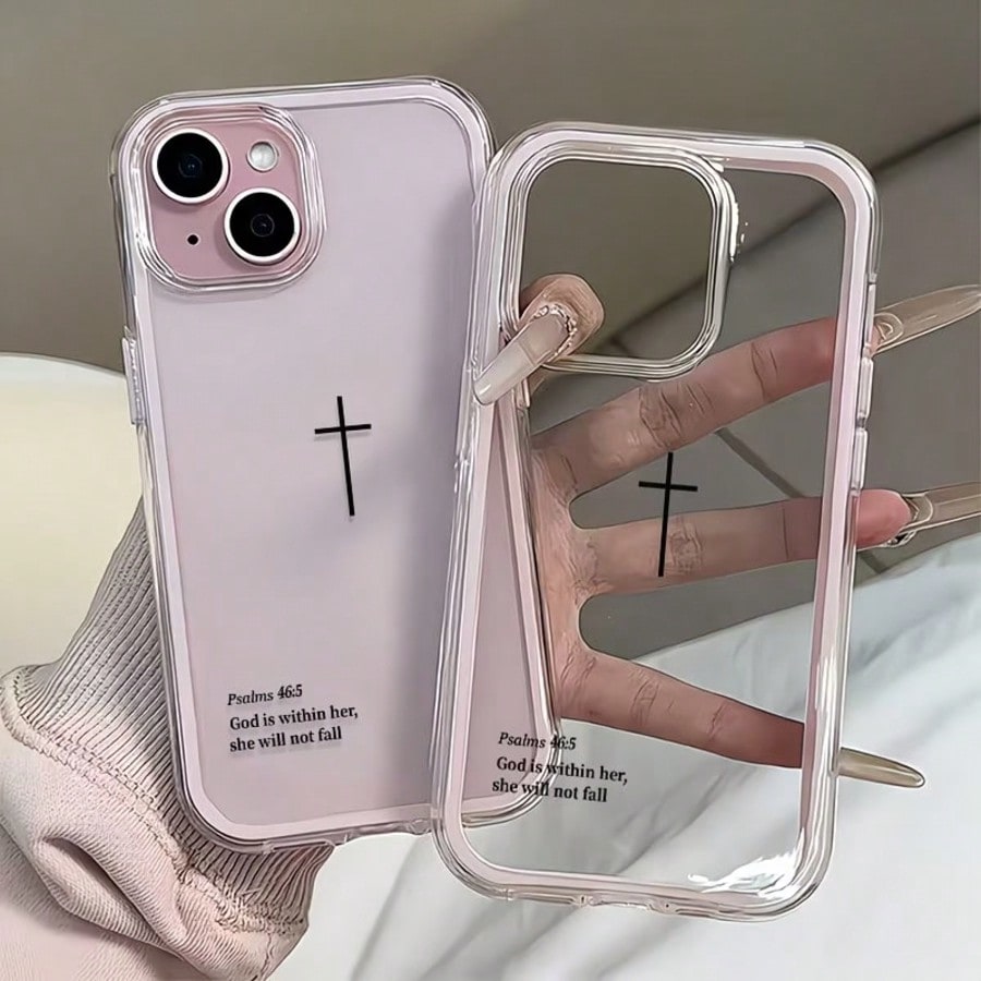 1pc Religious Mythological Figure Element Fashion Shockproof Dual-Layer Transparent Minimalist Pink Black Cross & Bible Verse Pattern Protective Phone Case With Pink Bumper Compatible With Iphone 11 1