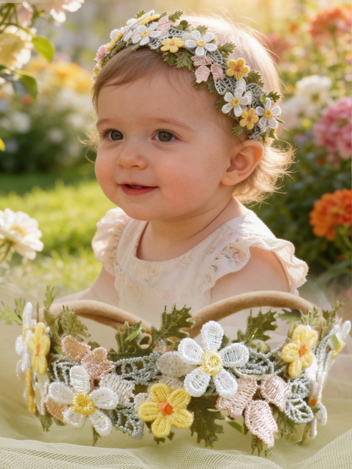 1pc Rustic Embroidered Floral Baby Headband, Fresh Pastoral Cute Embroidered Flower Baby Headwear