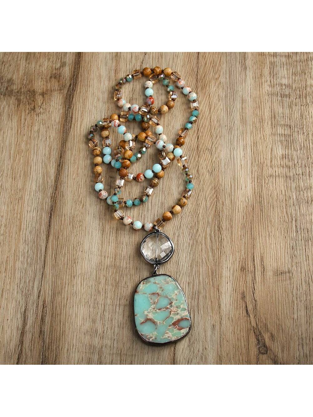 1pc Spring New Bohemian Vintage Style Natural Stone Glass Knot Necklace With Square Emperor Stone Pendant For Women Sweater Chain