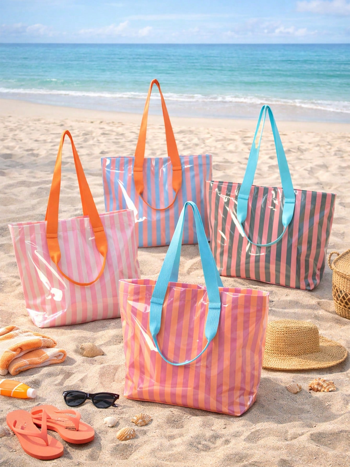 1pc Striped PVC Transparent Beach Tote Bag, Women's Large Capacity Shoulder Bag, Lightweight Reusable Shopping Bag, Essential For Summer Beach, Swimming, Travel, Picnic, Daily Use