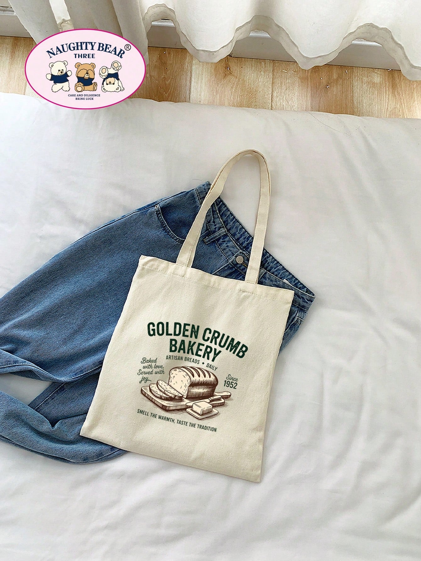 1pc Stylish Beige Canvas Tote Bag With Bread & Letter Print Design For Women, Shopping Bag