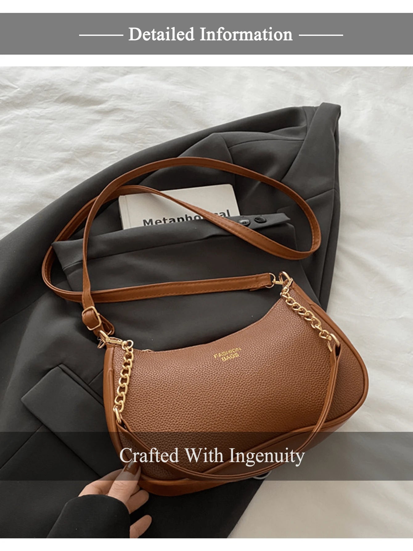 1pc Women Elegant Vintage Brown Litchi Grain Chain Underarm Shoulder Bag,Crescent Hobo Crossbody Bag,Office Daily Essentials,Luxury Party,Daily Use.