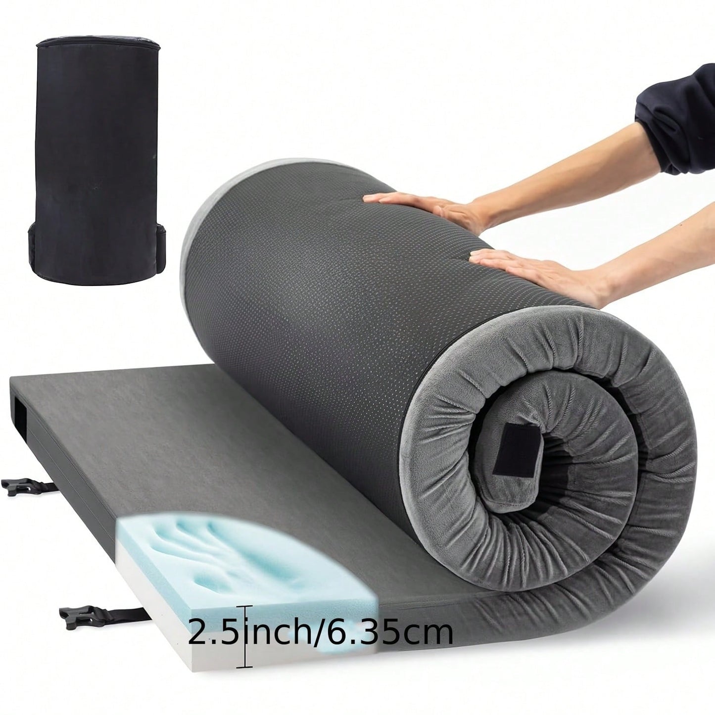 2.5 Inch Memory Foam Camping Pad, Waterproof Roll Up Sleeping Pad For Adults, Comfortable Thick Floor Sleeping Mats For Car Truck Tent With Removable Travel Bag