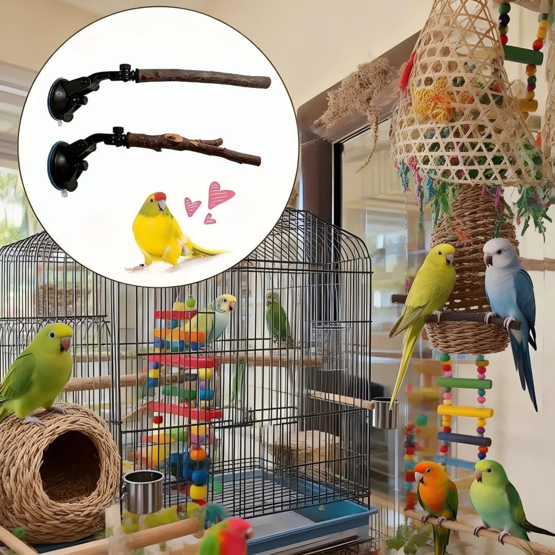 2 PCS Parrot Perch Stand, Movable Perch Stand Bird Training Set, Wood Parrot Perch Stand With Strong Suction Cup For Cockatoo, Macaw, Parakeet, Window Mirror Car Shower Ceramic Tiles Bath