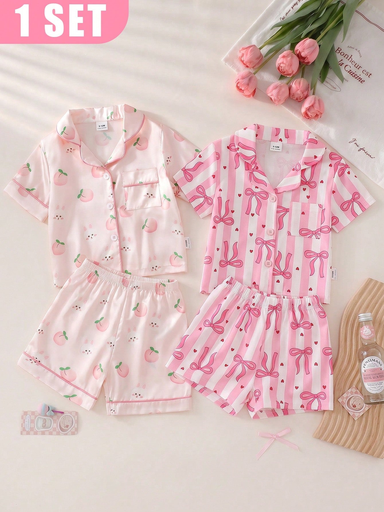 2-Piece Girls Toddler Pink And White Striped Summer Cute Sleep Pajamas Set,Lapel Collar Short Sleeve Shorts,Red Heart Bow Print Loungewear,Button Up
