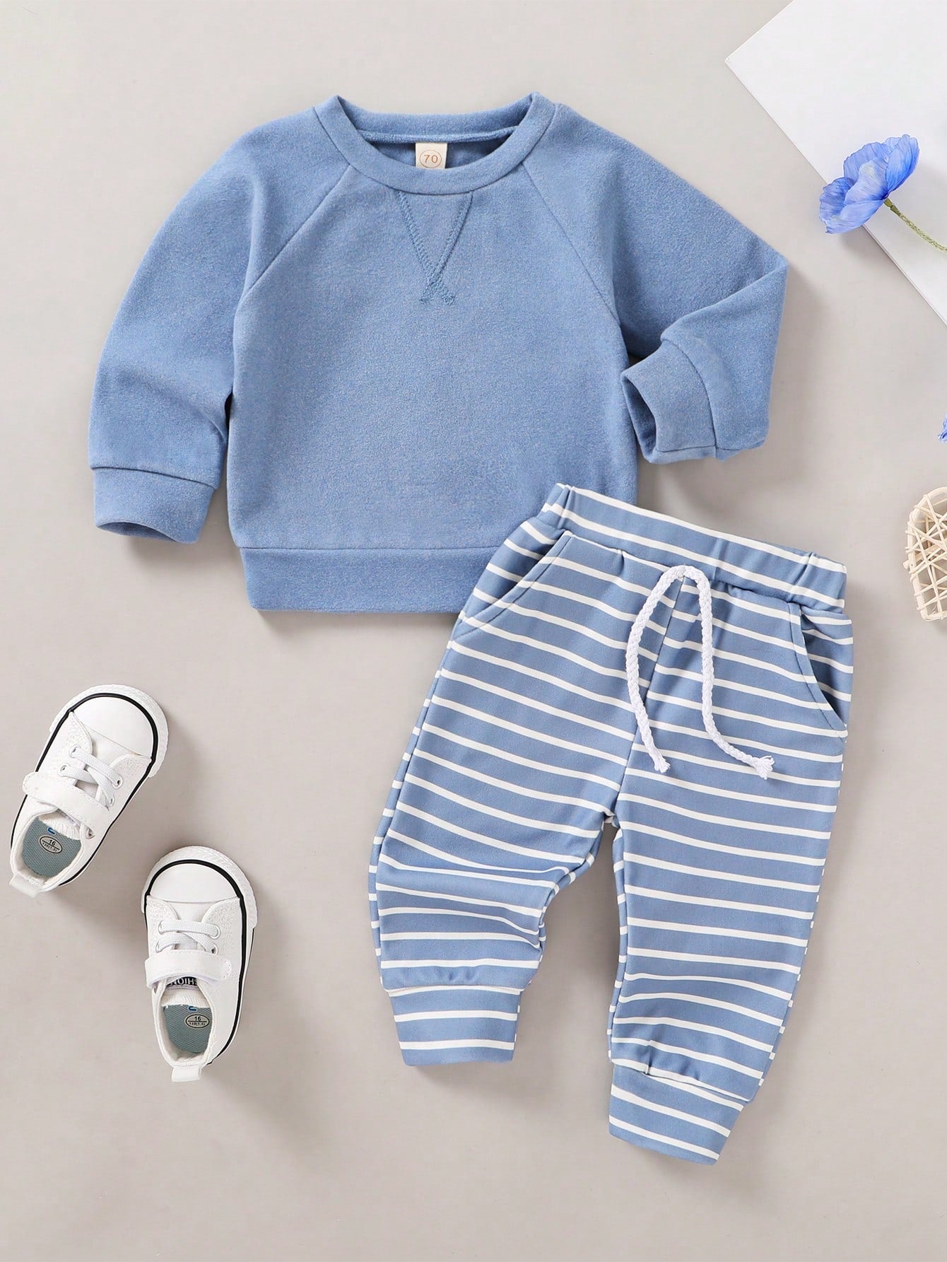 2-Piece Soft And Cute Baby Boy Solid Color Hoodie And Striped Pants Set, Soft, Comfortable And Breathable