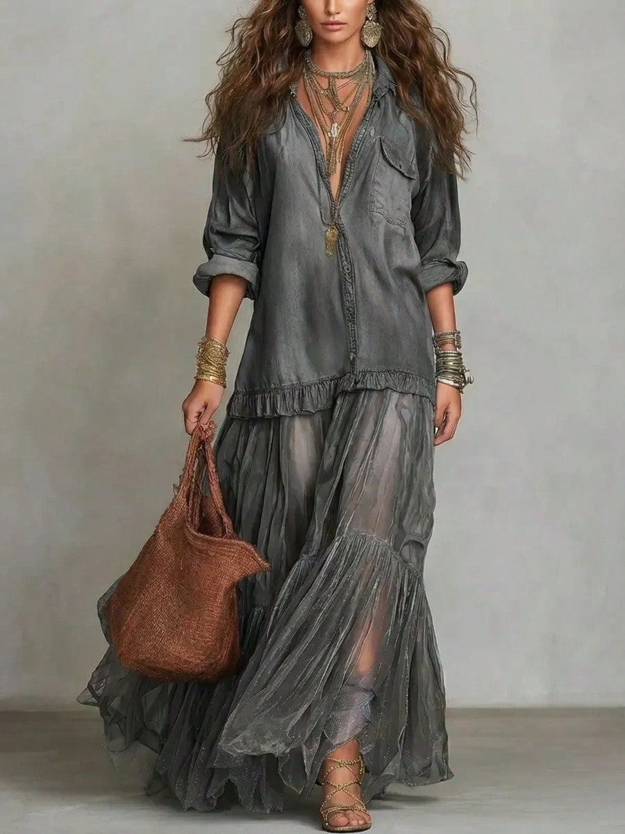 2026 Hot Vintage Collar Faux Denim Maxi Dress With Pockets Casual Women Dress