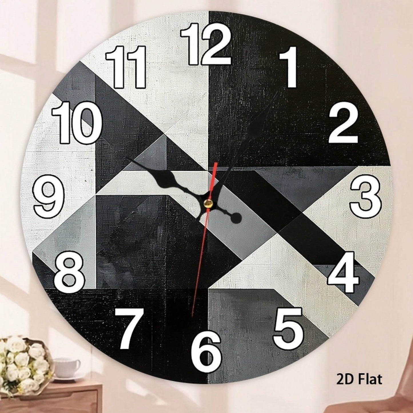 2D Flat Single-Piece Black, White, And Gray Geometric Patchwork Wall Clock 12inch Silent And Non-Ticking, Very Suitable For Kitchens, Classrooms