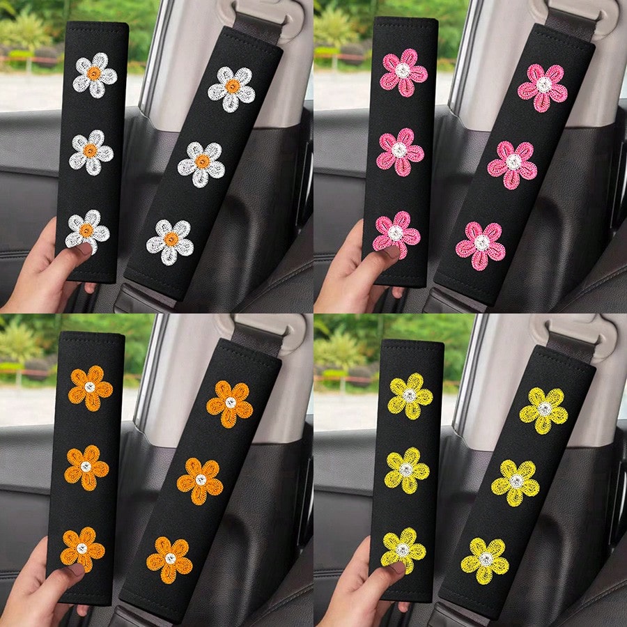 2pcs Car Belt Shoulder Pads, Flower Embroidered Shoulder Protector Covers, Unisex Car Seat Belt Cushions, Soft Breathable Belt Covers, Essential Summer Car Interior Accessories