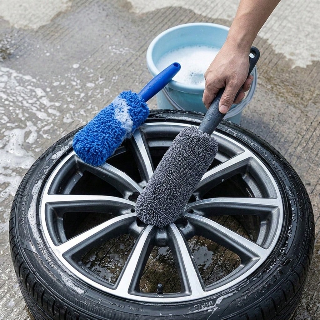 2Pcs Garage Cleaning Tool Brushes, Long Handle Microfiber Wheel Brushes For Car Engine Exhaust Rim Daily Care