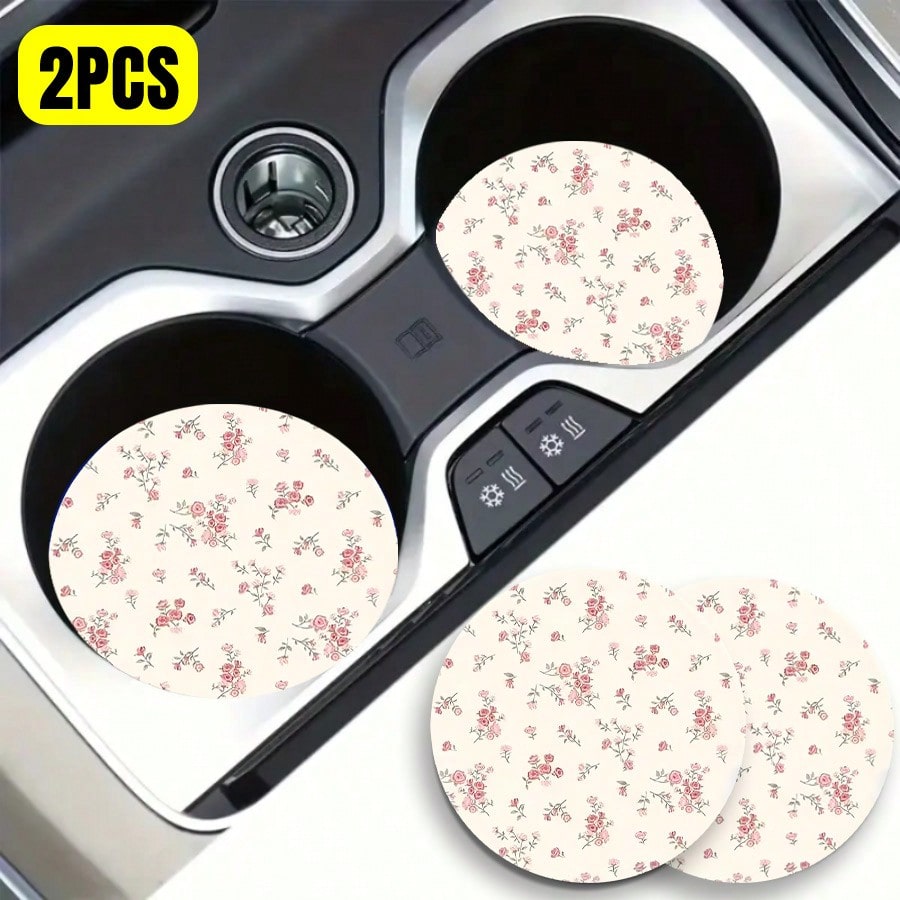 2pcs Pink Ditsy Floral Cup Mats, Creative & Unique Car Interior Decoration Coasters, Cute & Minimalist, Fresh Style