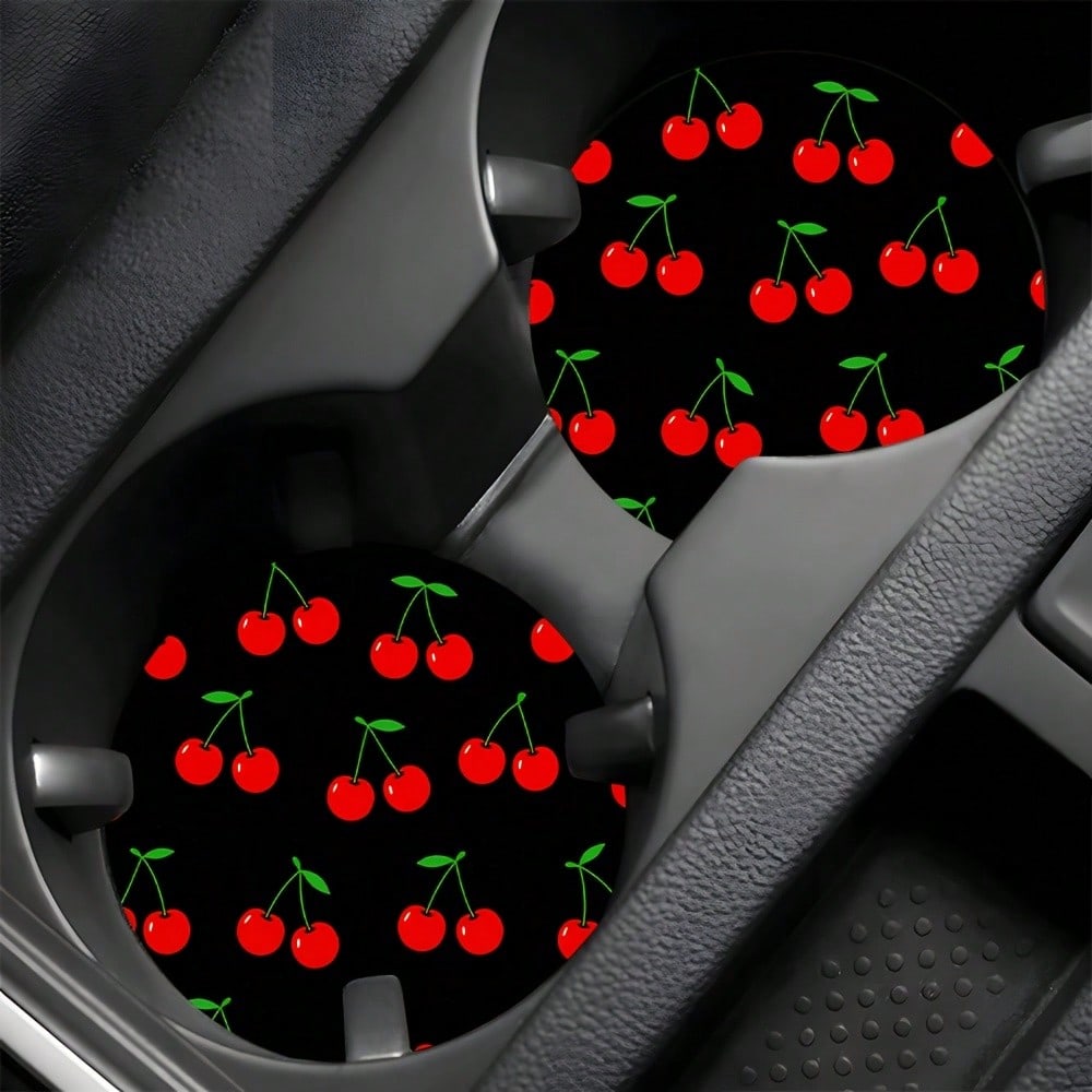 2pcs Red Cherry Black Background Pattern Theme Car Cup Holder, Non-Slip Heat-Insulating, Universal Car Cup Holder, Perfect Gift For Car Enthusiasts