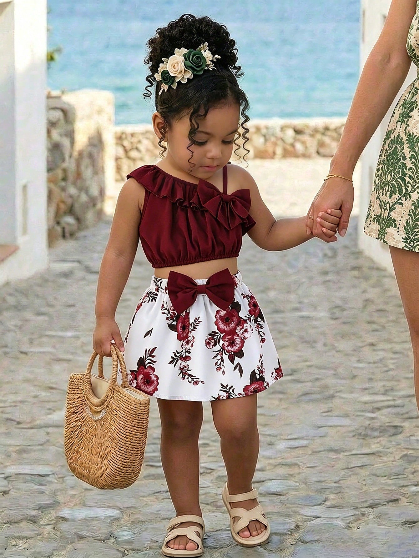 2pcs/Set Baby Girl Fashion Cute Solid Color Asymmetric-Shoulder Camisole Top Paired With Butterfly & Flower Pattern Skirt, Summer Daily Outings & Vacation New Arrival