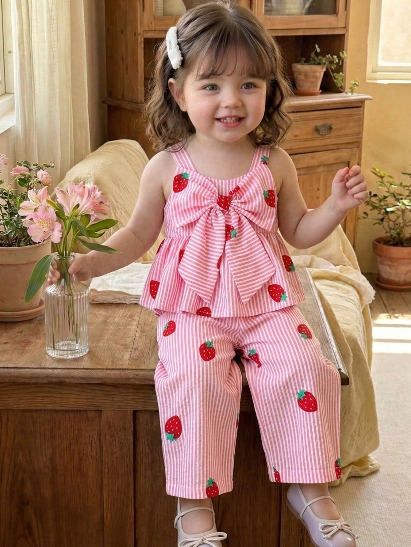2pcs/Set Baby Girls' Sweet Cute Blue And White Stripe Strawberry Print Bow Decor Sleeveless Top & Wide Leg Pants Set Summer Vacation Casual Outfits