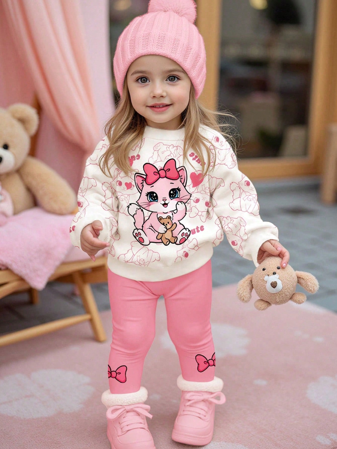 2pcs/Set Baby Girls' White Winter Cute Matching Family Outfit,Cartoon Bow, & Heart Print Long Sleeve Autumn Sweatshirt And Leggings,Soft Casual Wear