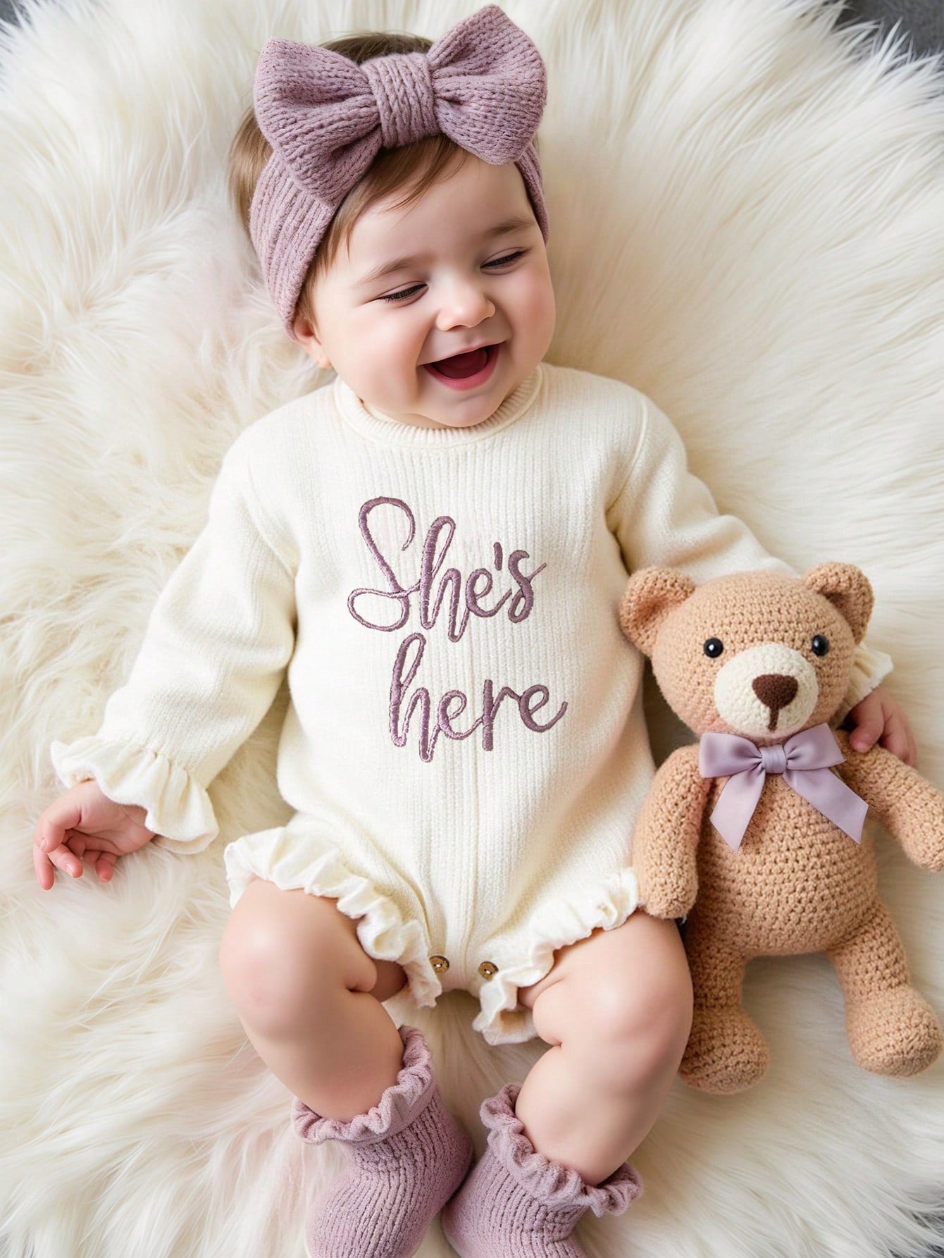 2Pcs Set Dusty Pink Autumn Funny Graphic Newborn Photography Outfits With Matching Bow Headband Knitting Baby Girl Bodysuit Photo Shoot Props