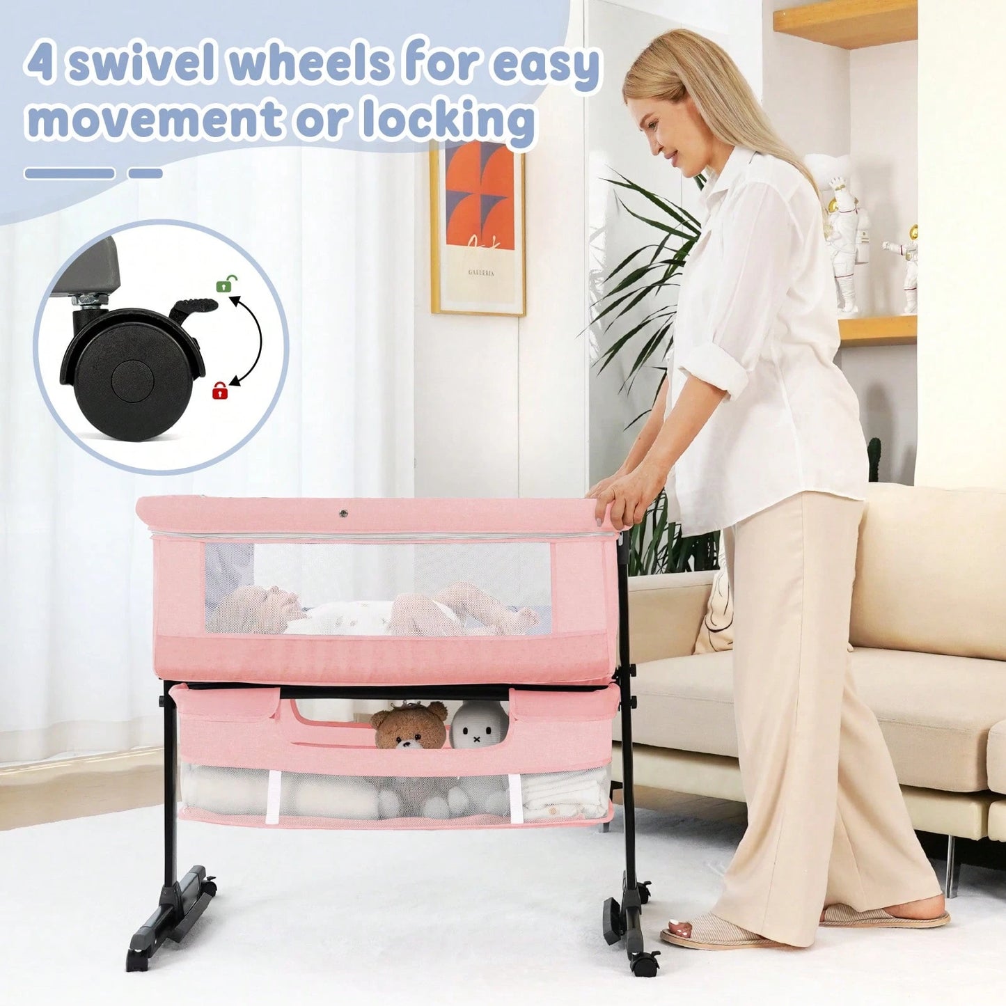3-In-1 Baby Crib| Baby Bassinet,Height Adjustable Baby Bed With Smooth-Glide Wheels & Breathable Mesh, Newborn Essentials Gift For New Moms,Baby Need