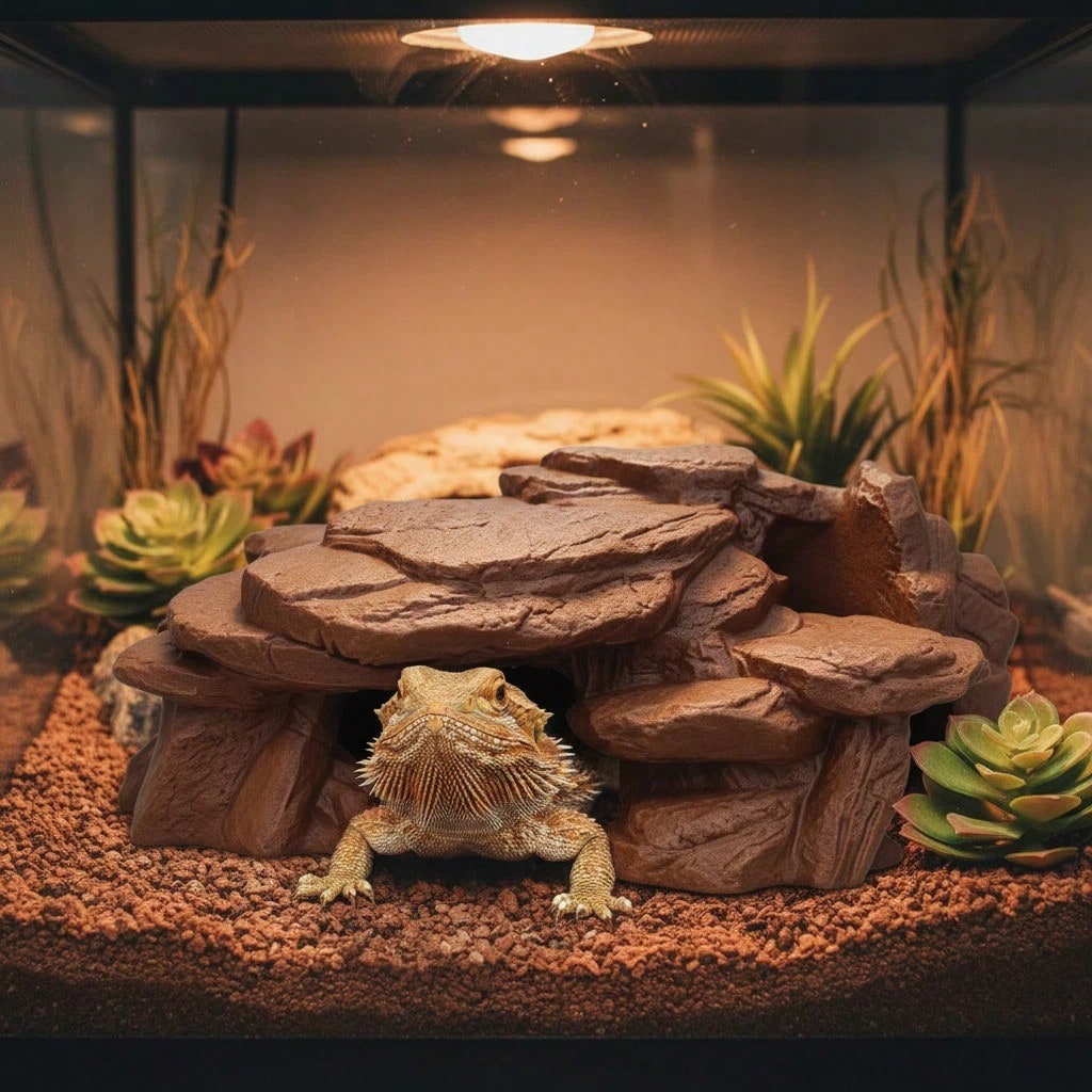 3D Printed Imitation Black Rock Cave Hideout, Dual Use For Fish Tank/Reptile Terrarium, Shelter For Fish, Shrimp, Gecko, Lizard, Natural Landscape Style Decor, 3D Printed Material, Achieves Dual Effec
