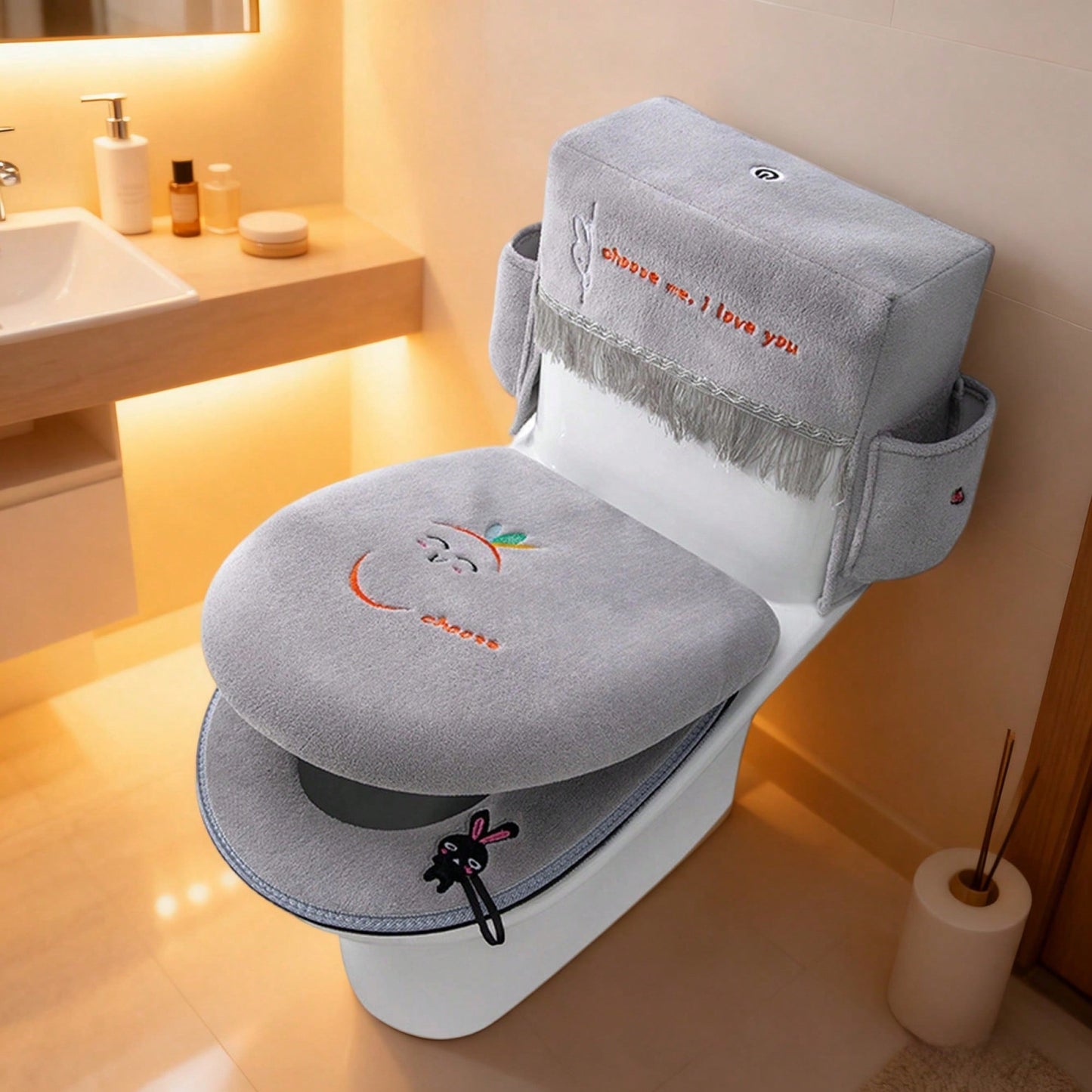 3Pcs Toilet Seat Cover Set Zippered Cute Animal Embroidered Soft Fleece Toilet Tank Lid Cover And Seat Pads