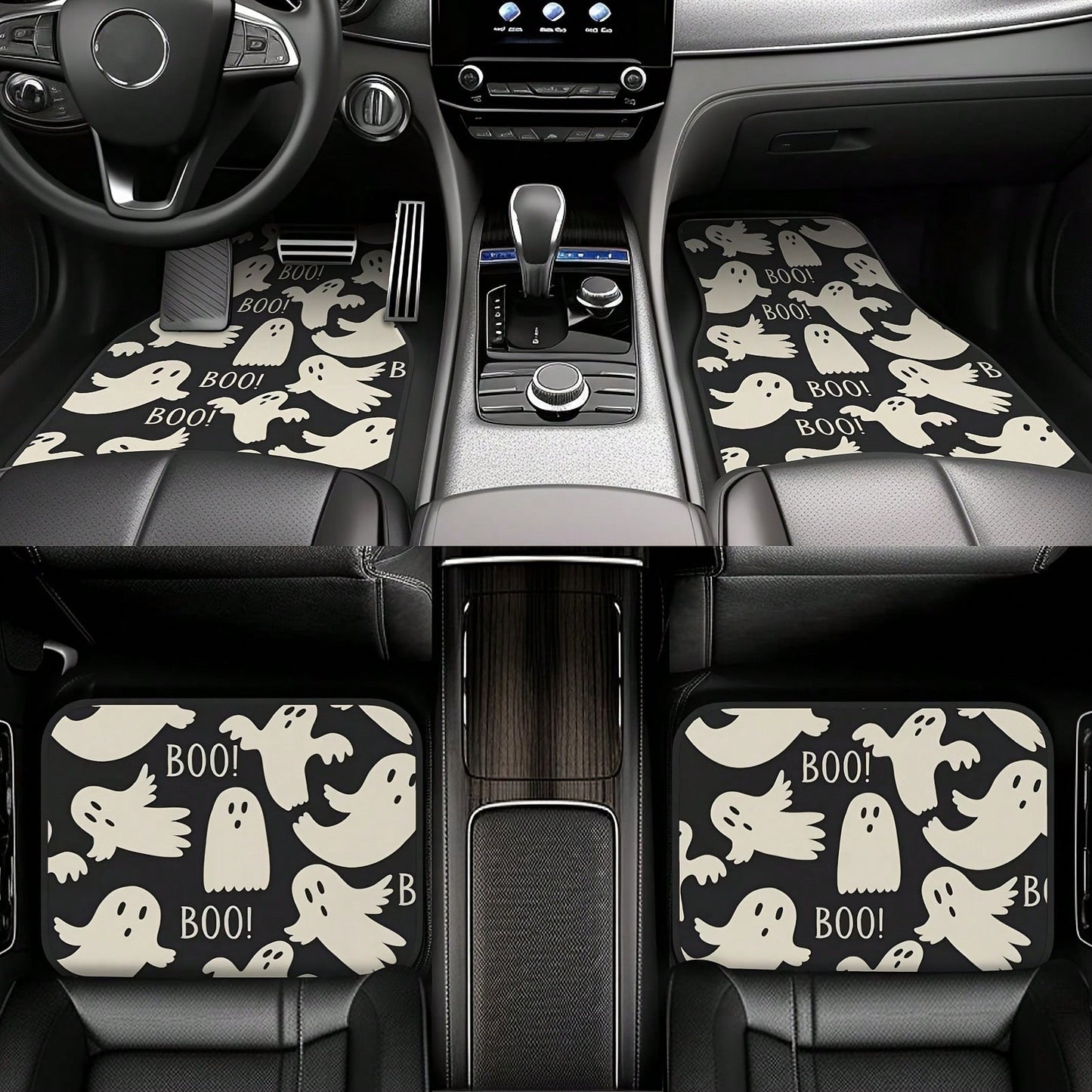 4-Piece Halloween Ghost Pattern Car Non-Slip Floor Mat, Using High-Quality Materials, High Light Resistance, Corrosion Resistance, Not Easy To Fade, Easy To Clean Front And Rear Carpet Sets, Halloween