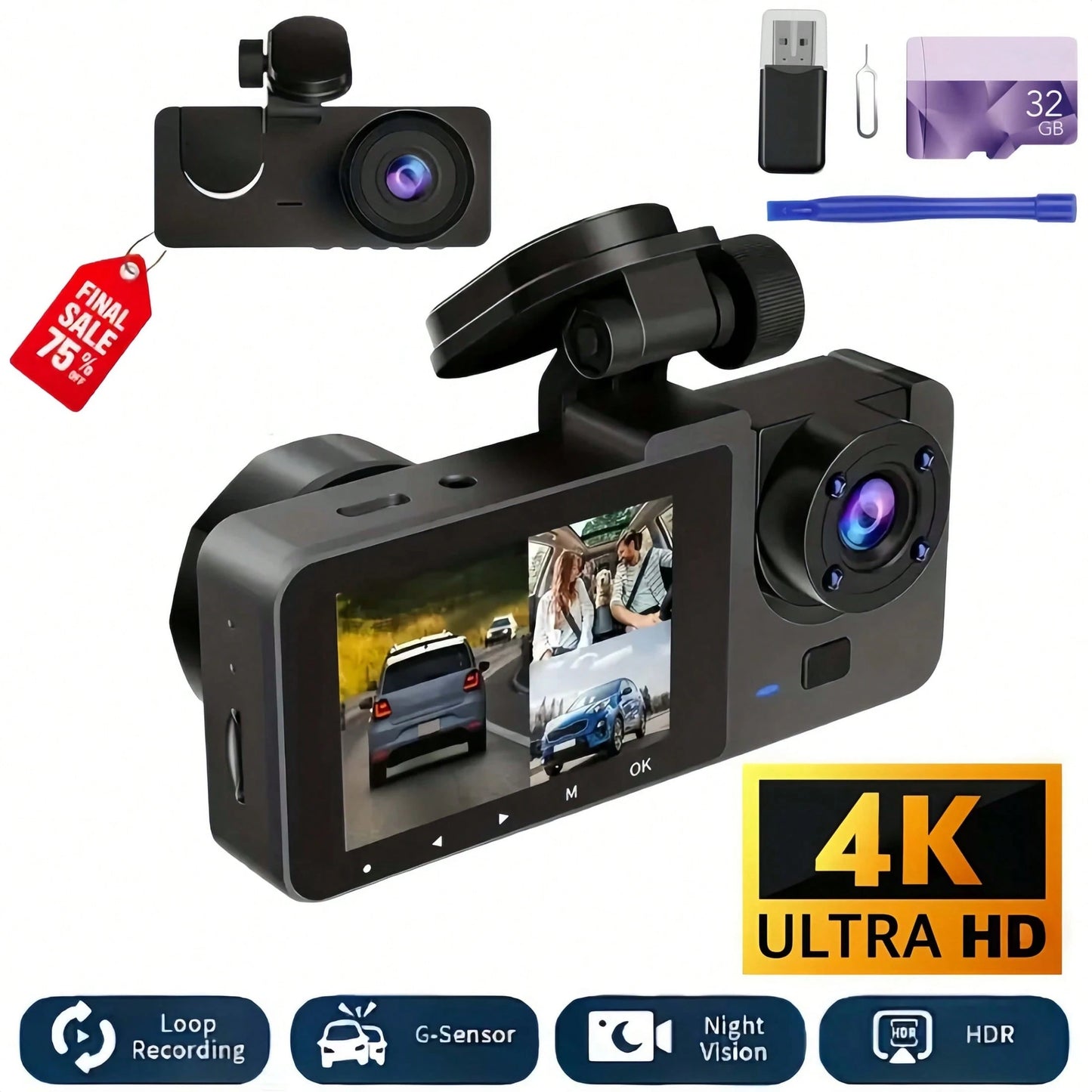 4K Triple Camera Car Recorder- IR Night Vision, 2.10" IPS Screen, Front/Rear & Built-In Car Camera, 170° Wide Angle & Built-In Audio- Includes 32GB Card, Loop Recording, G-Sensor- Perfect For Vehic