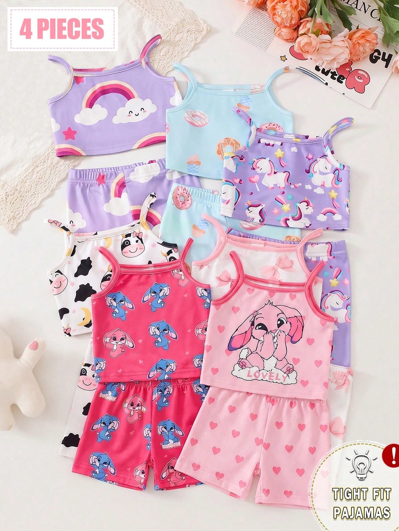4pcs Baby Girl Sweet Cute Elegant Casual Daily Comfortable Soft Skin-Friendly High Elasticity Tight Knit Fabric Pink Heart Rabbit Cartoon Print Camisole Top And Shorts Pajama Set Loungewear