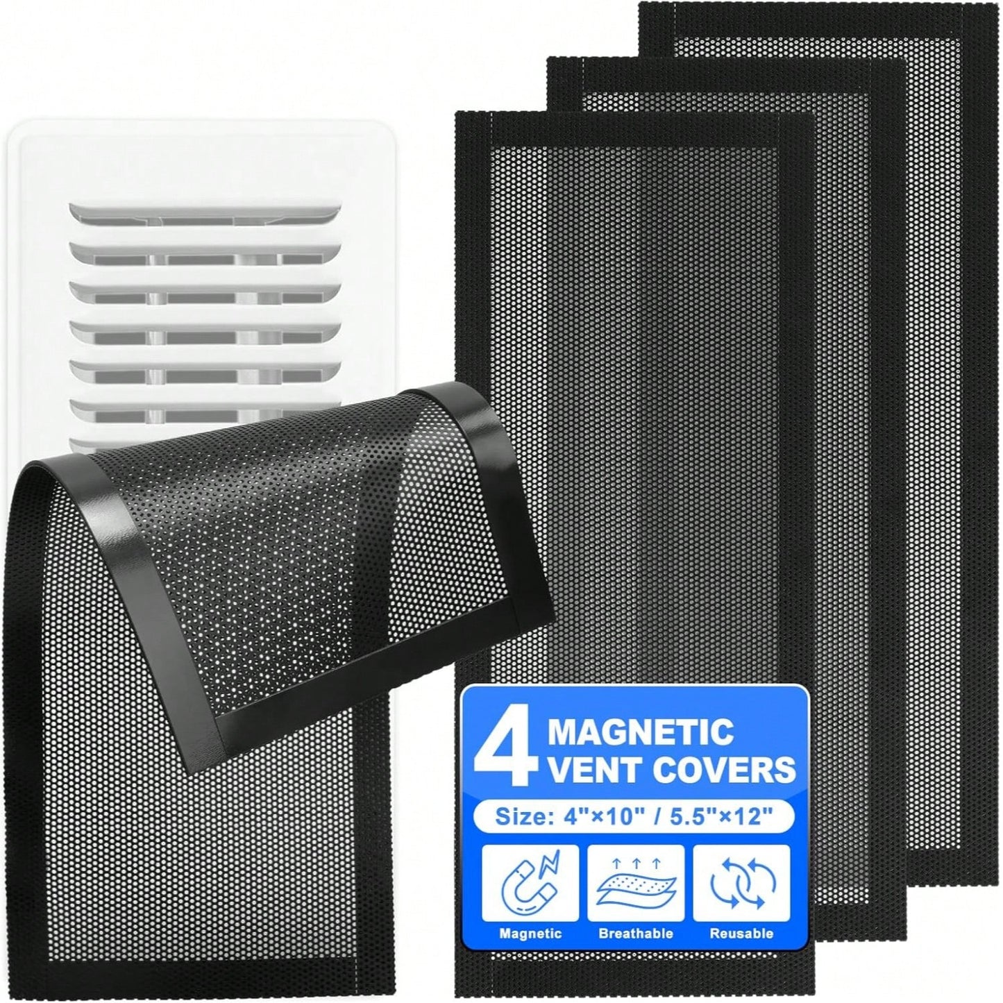4pcs Magnetic Floor Vent Covers, Multi-Size Durable Air Vent Grille Baffles For Wall, Ceiling, Floor, Catch Debris, Hair, Dust, Toys, Easy Installation, Black, White
