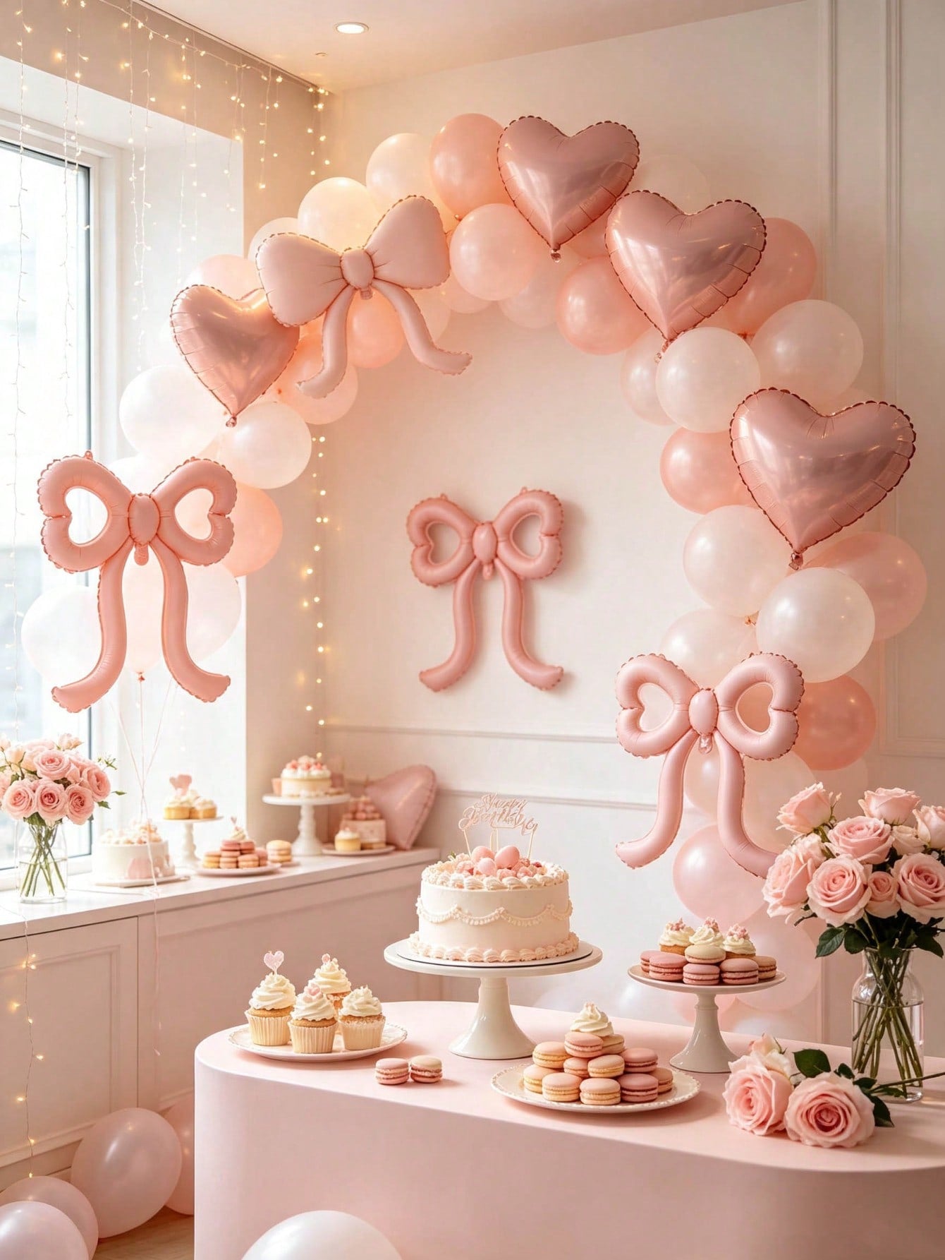 4pcs Pink Bow Foil Balloons, Girls Birthday Decoration Balloons, Girls Room Decor, Kids Birthday Party Decoration, Large Matte Bow Balloons, Suitable For Birthday Party And Background Wall Decoration