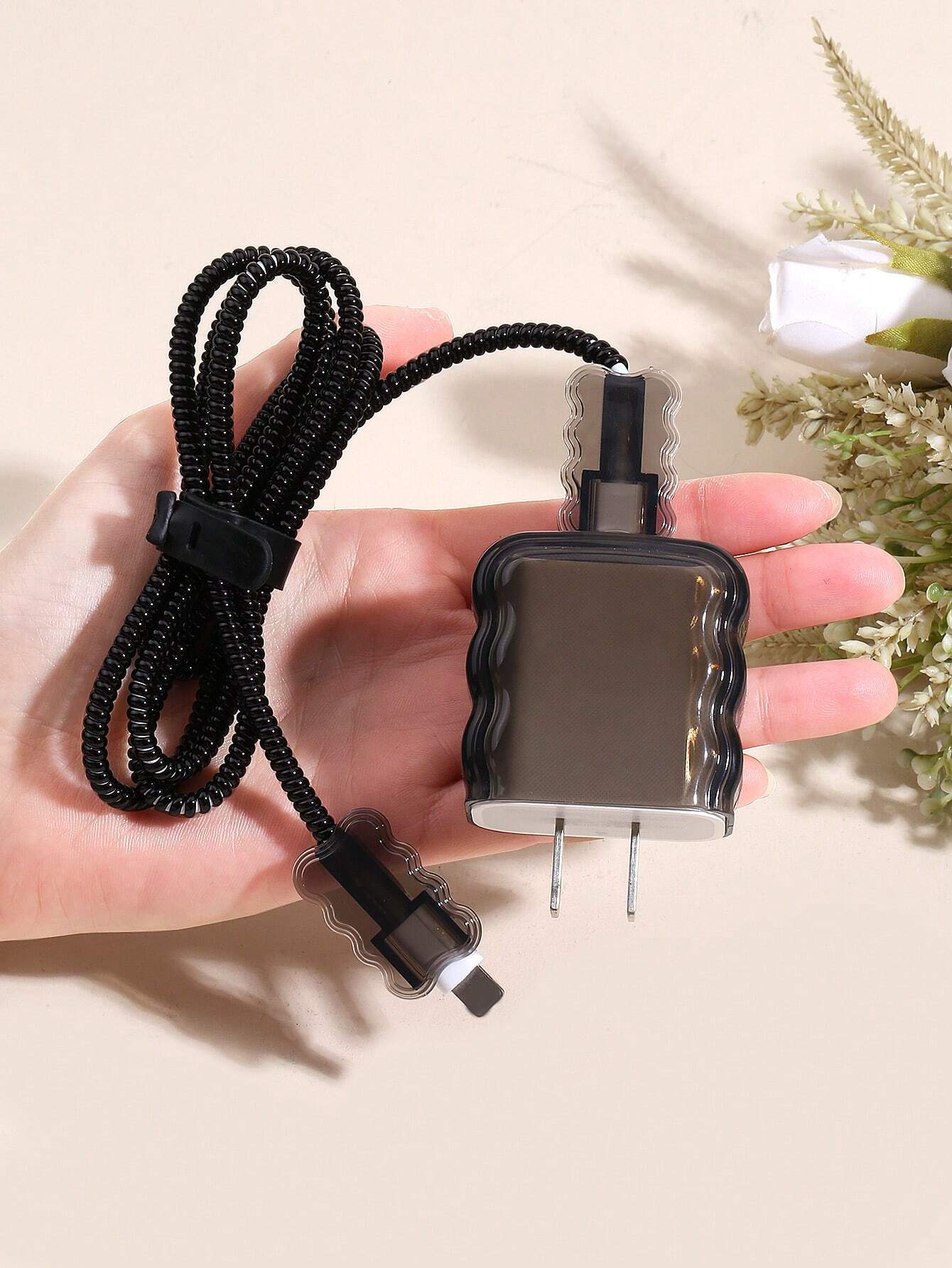 5pcs/Set Solid Color Transparent Wave Shell Data Cable Charging Head Protection Sleeve With 1.5m Winding & Fixing Device, Compatible With IPhone 12/13/14 Mobile Phone Models, 20w Fast Charge Data Cabl