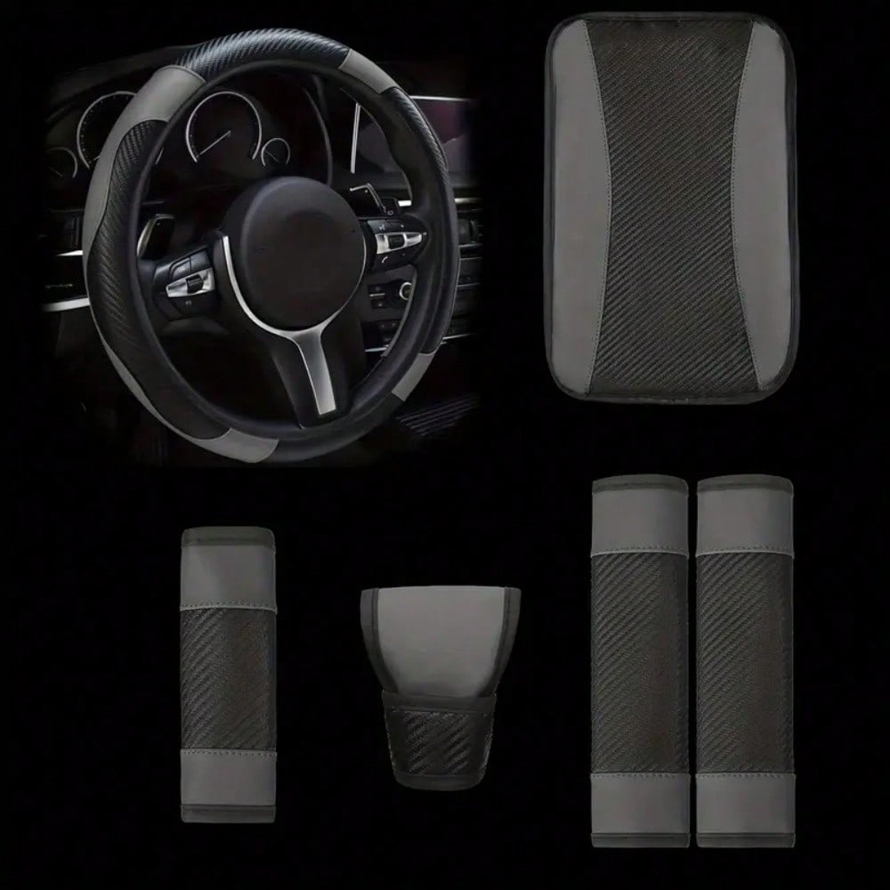 6-Piece Set, PU Leather Car Interior Package, Including Steering Wheel Cover, Shoulder Protection, Gloves, Armrest Box Pad, Suitable For Most Sedans And SUVs