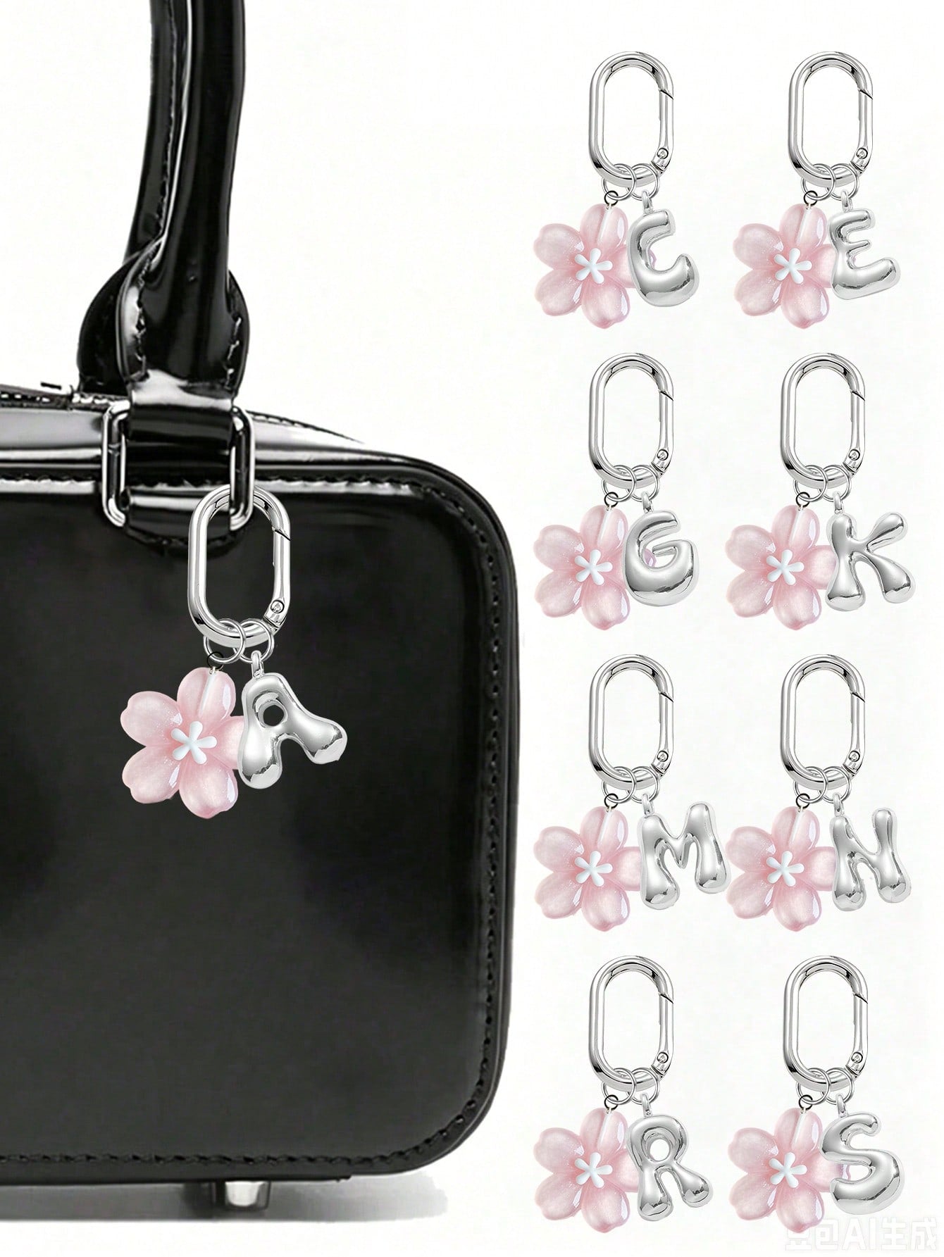 A-Z Silver Letter With Delicate Pink Cherry Blossom Decor Pendant, Fashionable Women's Keychain, Car Key Decoration, Can Be Hung On Keys, Shoulder Bags, Handbags, Wallets, Suitable For School, Office