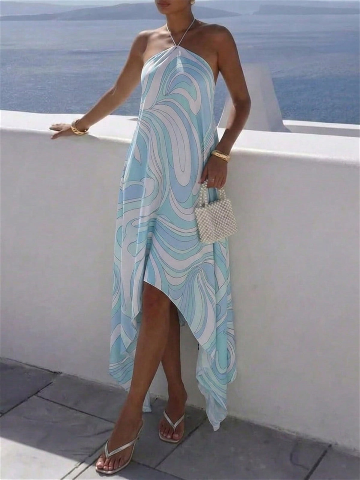 Aloruh Women's Elegant Tropical Metal Chain Tie-Up Light Blue Floral Long Dress, Beach Vacation Maxi Dress, Summer Dresses For Women, Festival Outfits Dress