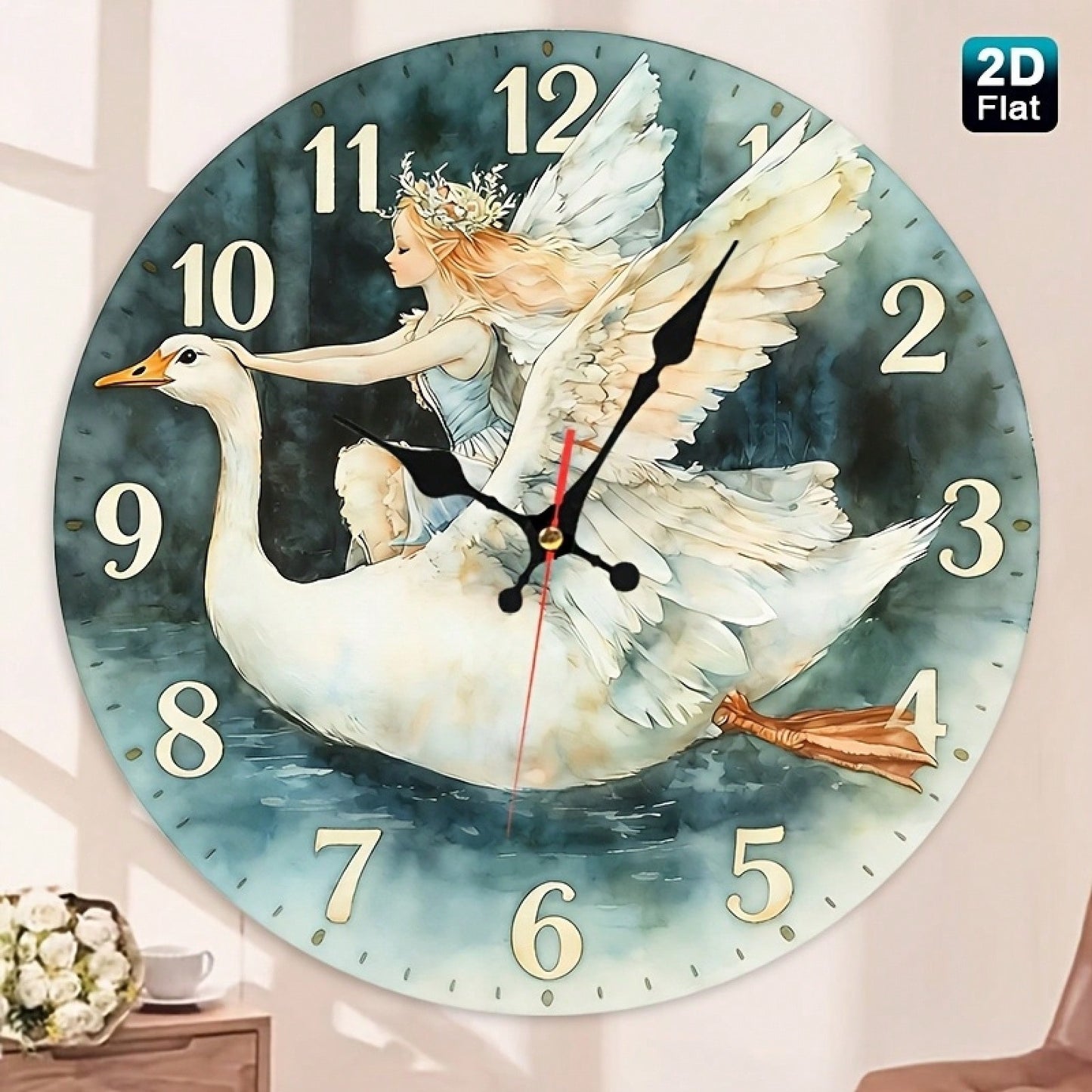 Angel Girl And Swan Nursery Wall Clock- Wooden Round Battery Operated (AA Batteries Not Included), Suitable For Room Decoration