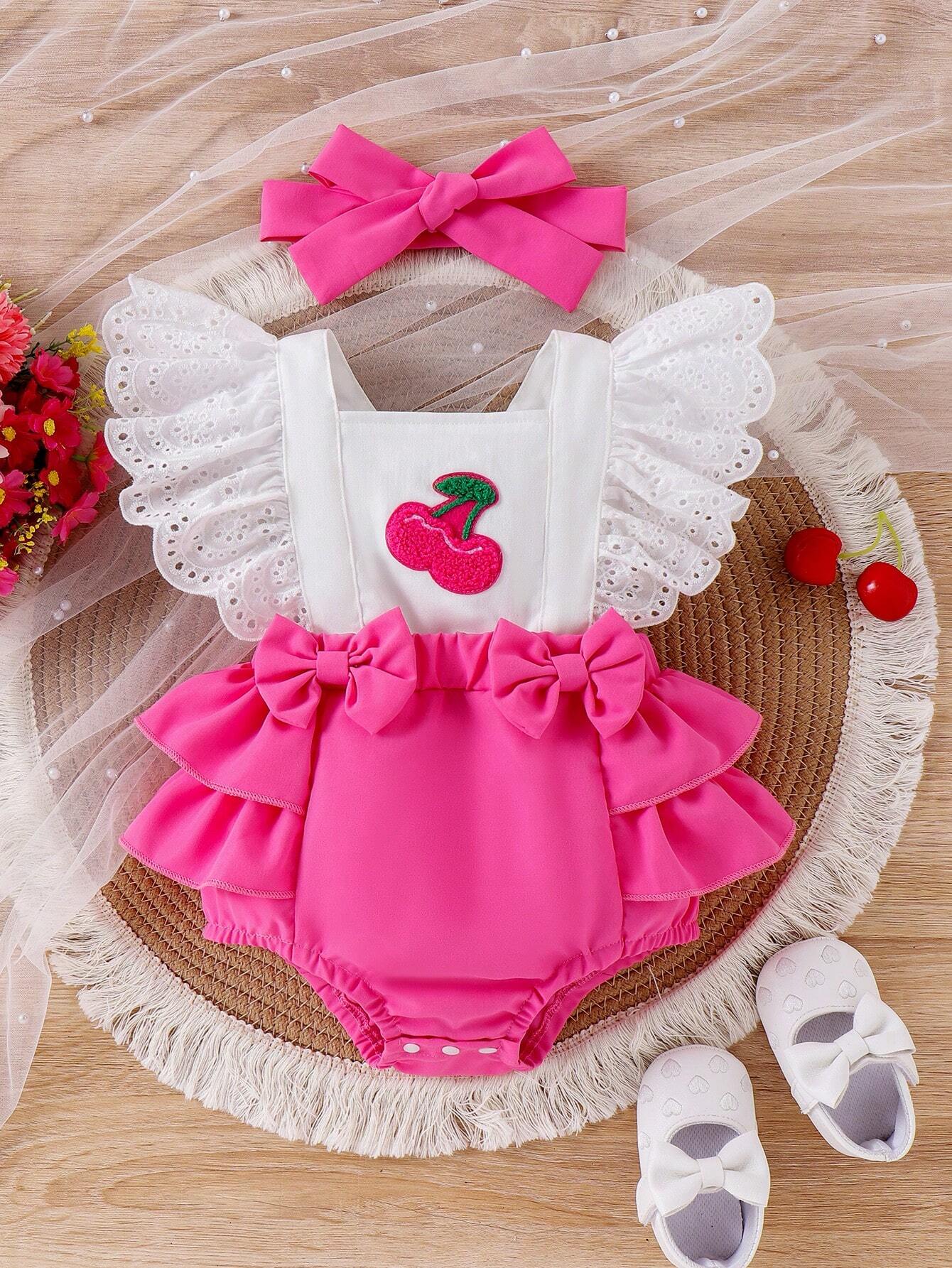 Baby Girl Cherry Embroidery Ruffle Contrast Color Patchwork Bodysuit With Headband, Summer