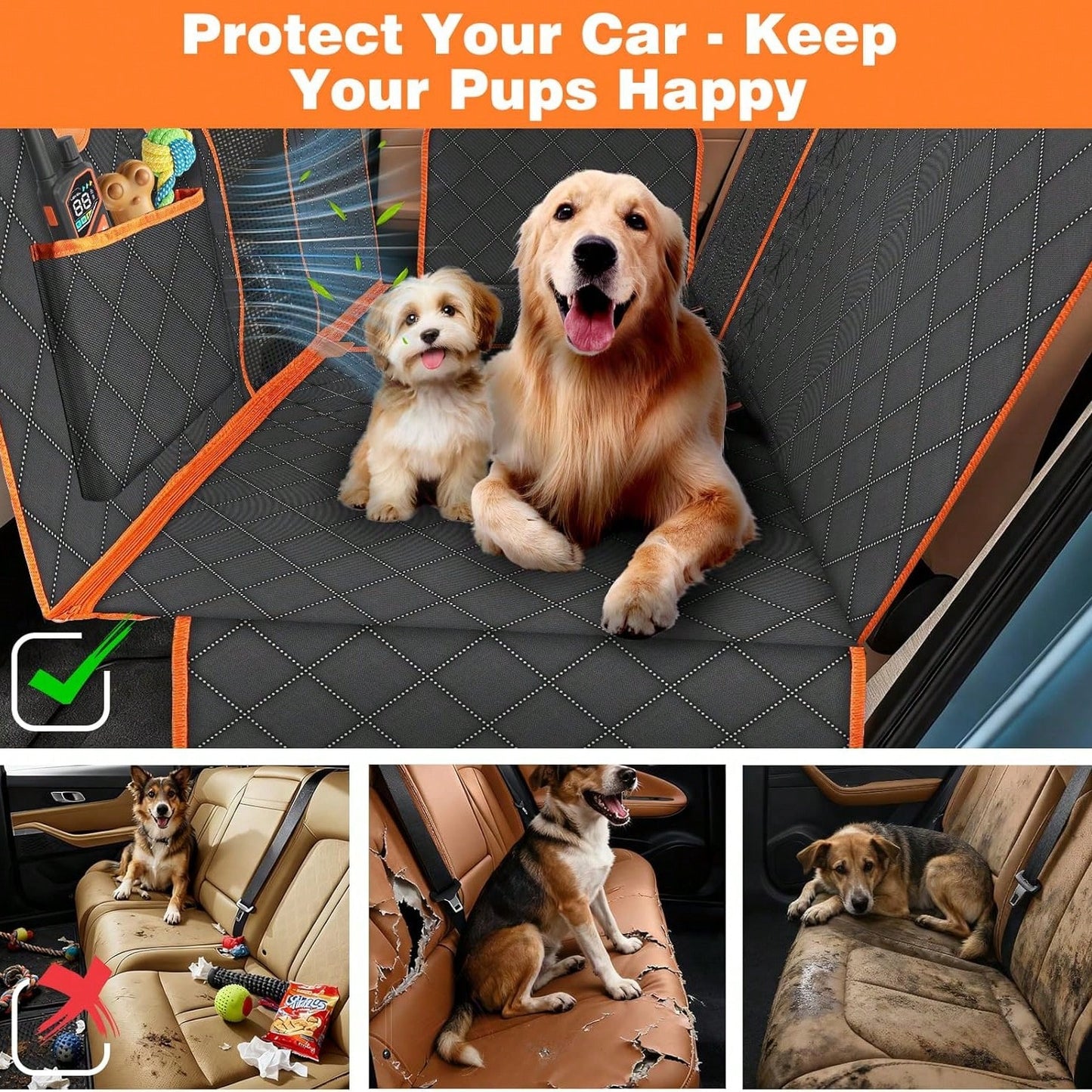 Back Seat Extender For Dogs- Holds 450lbs, Waterproof Dog Car Seat Cover For Back Seat With Hard Bottom For Cars SUVs Truck,Anti-Scratch No Slip Large Space Pet Backseat Protector,Black Orange