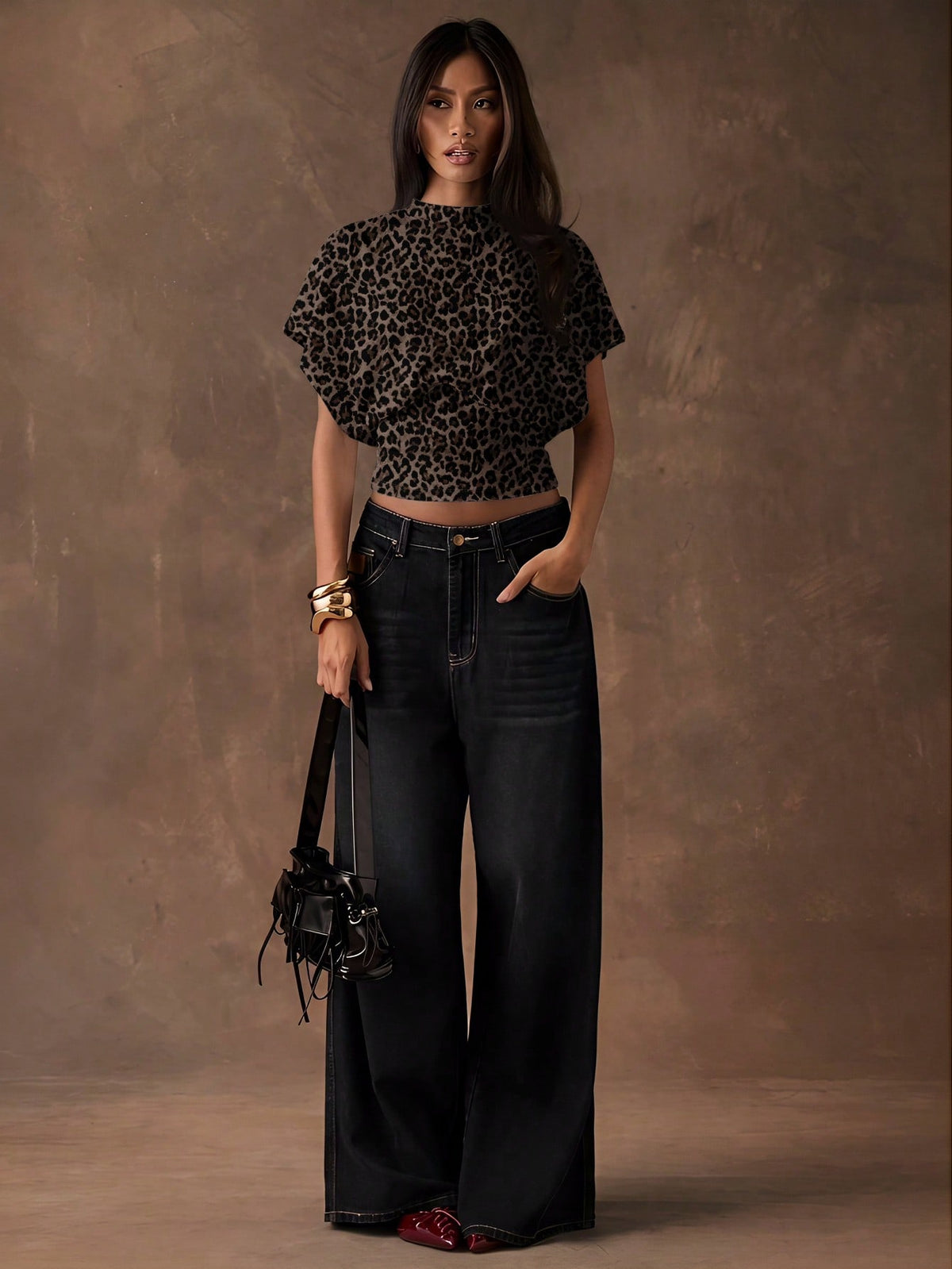 BAE Women's Dark Brown Leopard Print Batwing Sleeve Cinched Waist T-Shirt,Seksi Chic Summer Top,Elegant Casual For Club Night,Office,Commute & Beachwear