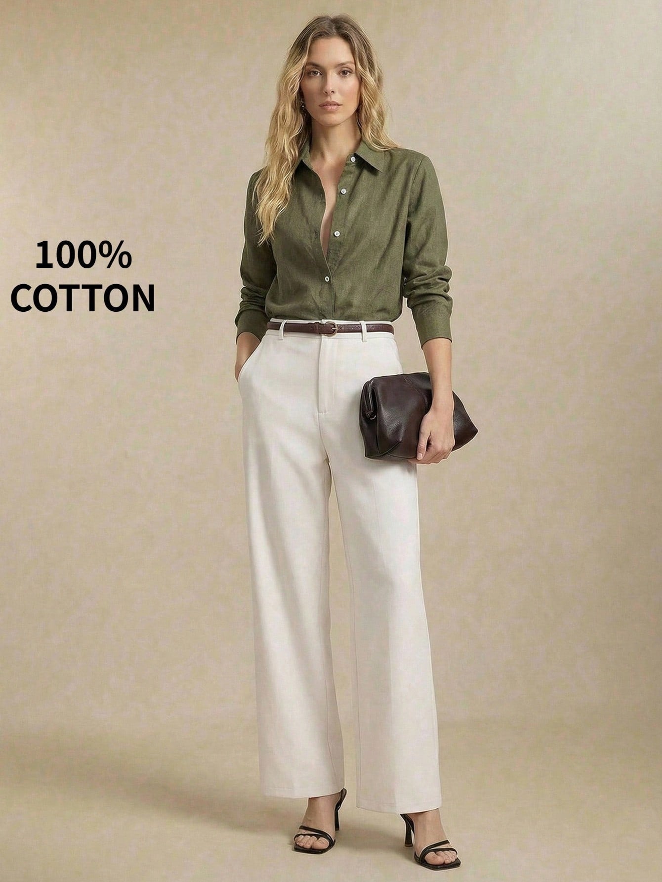 BizChic Bean Green Women's Shirt, Spring Lapel Front Opening Single-Breasted Button Long Sleeve, Professional Crisp Style, Wear Alone Or Layered, Elegant Minimalist Casual Commute Date Daily Vacation